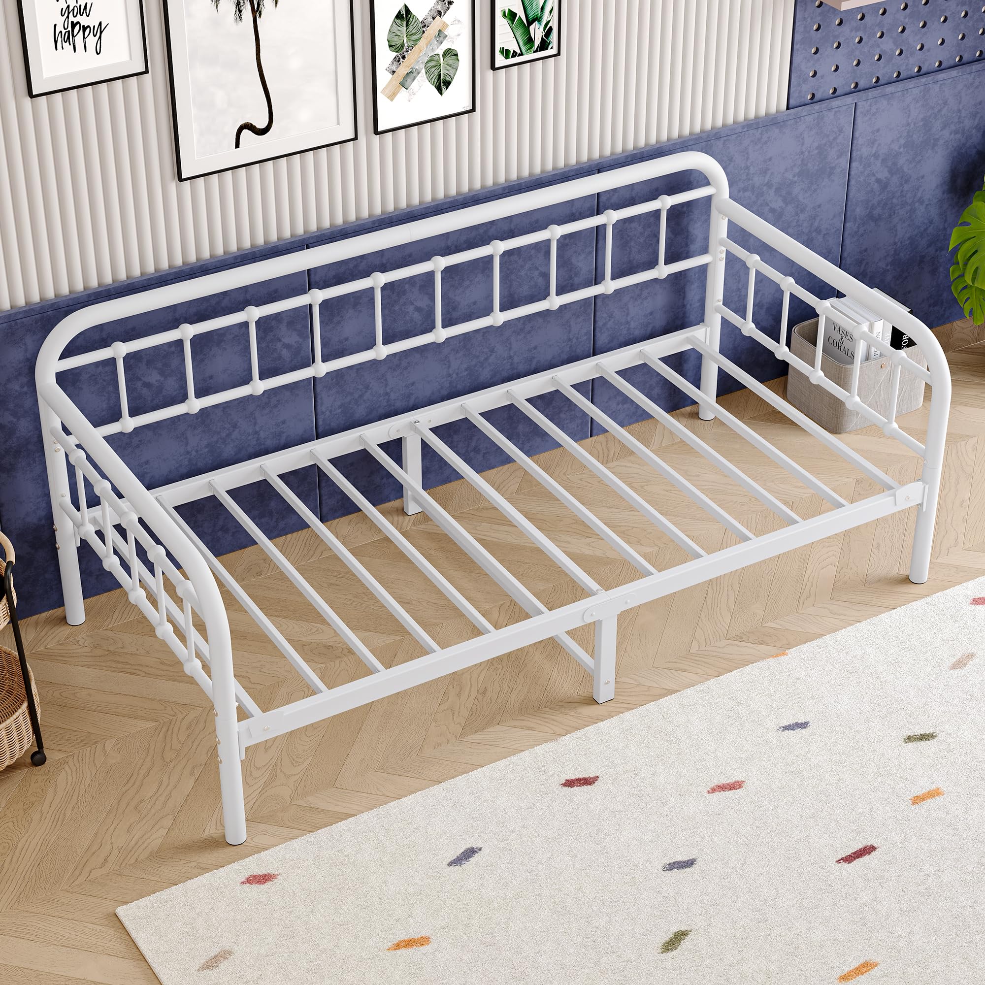 Tagesbett Bettgestell 90x190 cm, Robuste Stahl Plattformbett, Weiß | Metall Tagesbett 90x190 cm, stabile Stahlkonstruktion, robuste Latten, ideal als Gästebett für Schlafzimmer und Wohnzimmer