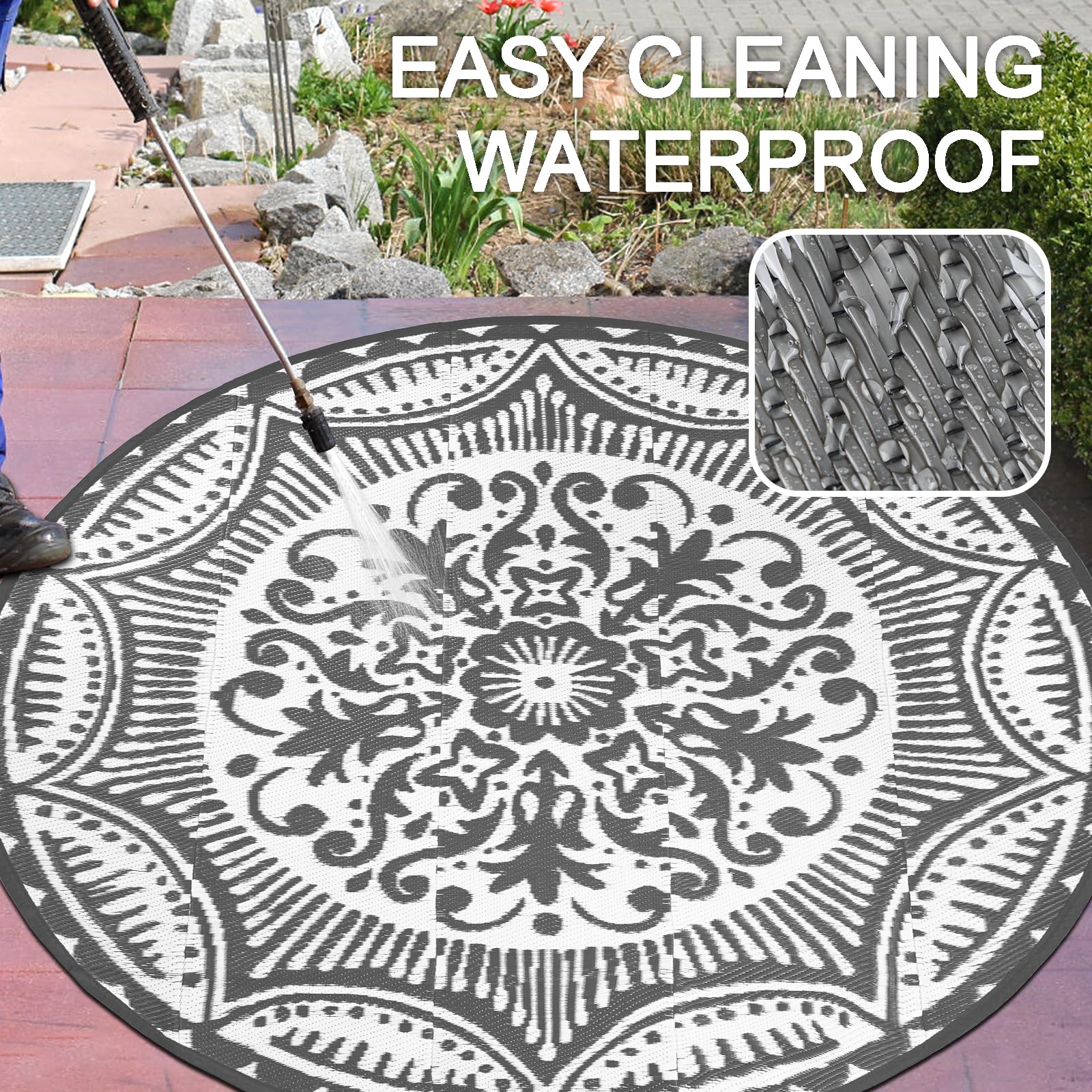 Capslpad Tappeto rotondo per esterni, diametro 150 cm, tappeto da balcone, in plastica, leggero, da picnic, per esterni, per balcone, picnic, campeggio, giardino, grigio
