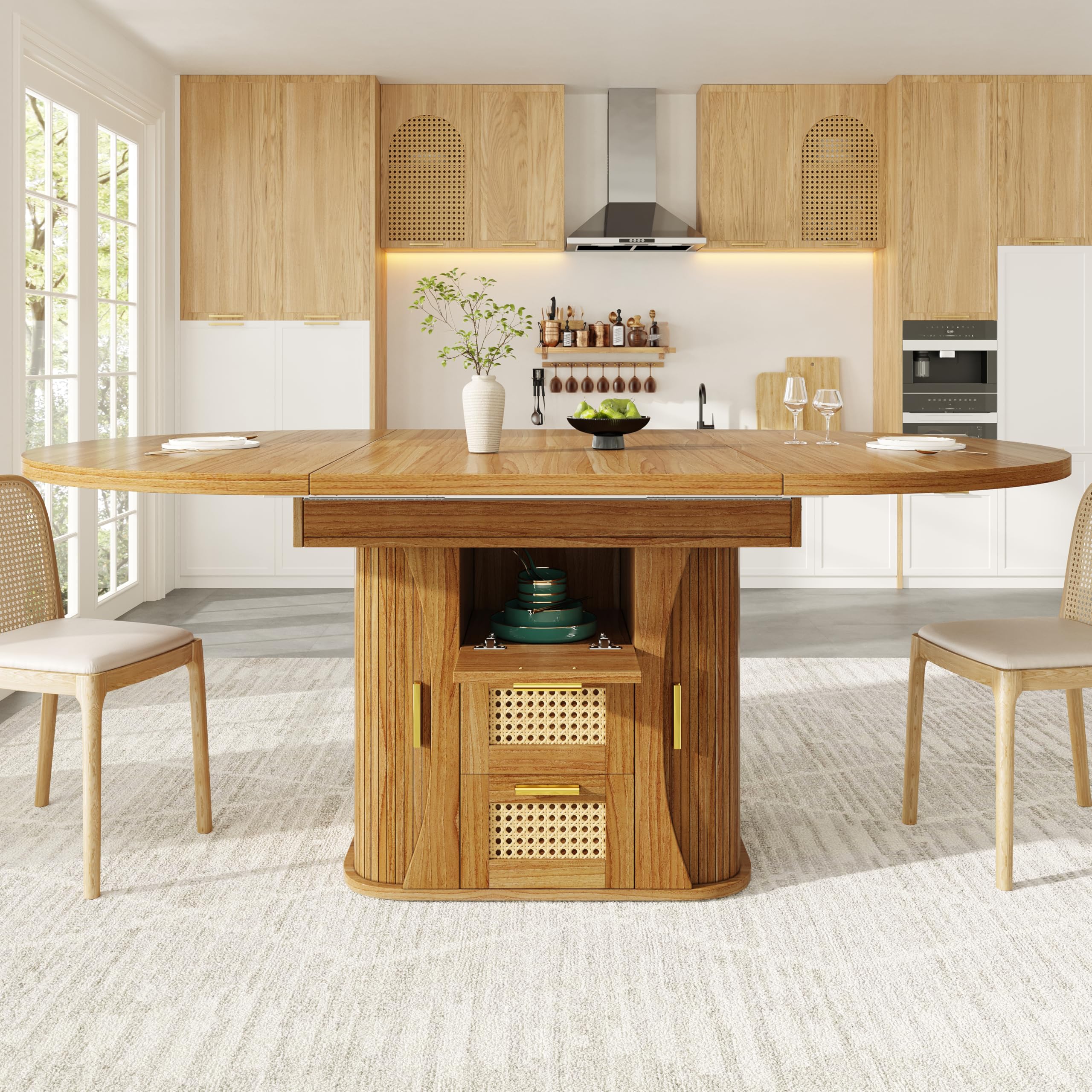 Tavolo da pranzo allungabile con vano portaoggetti, tavolo da 118-158 cm con cassetti in rattan