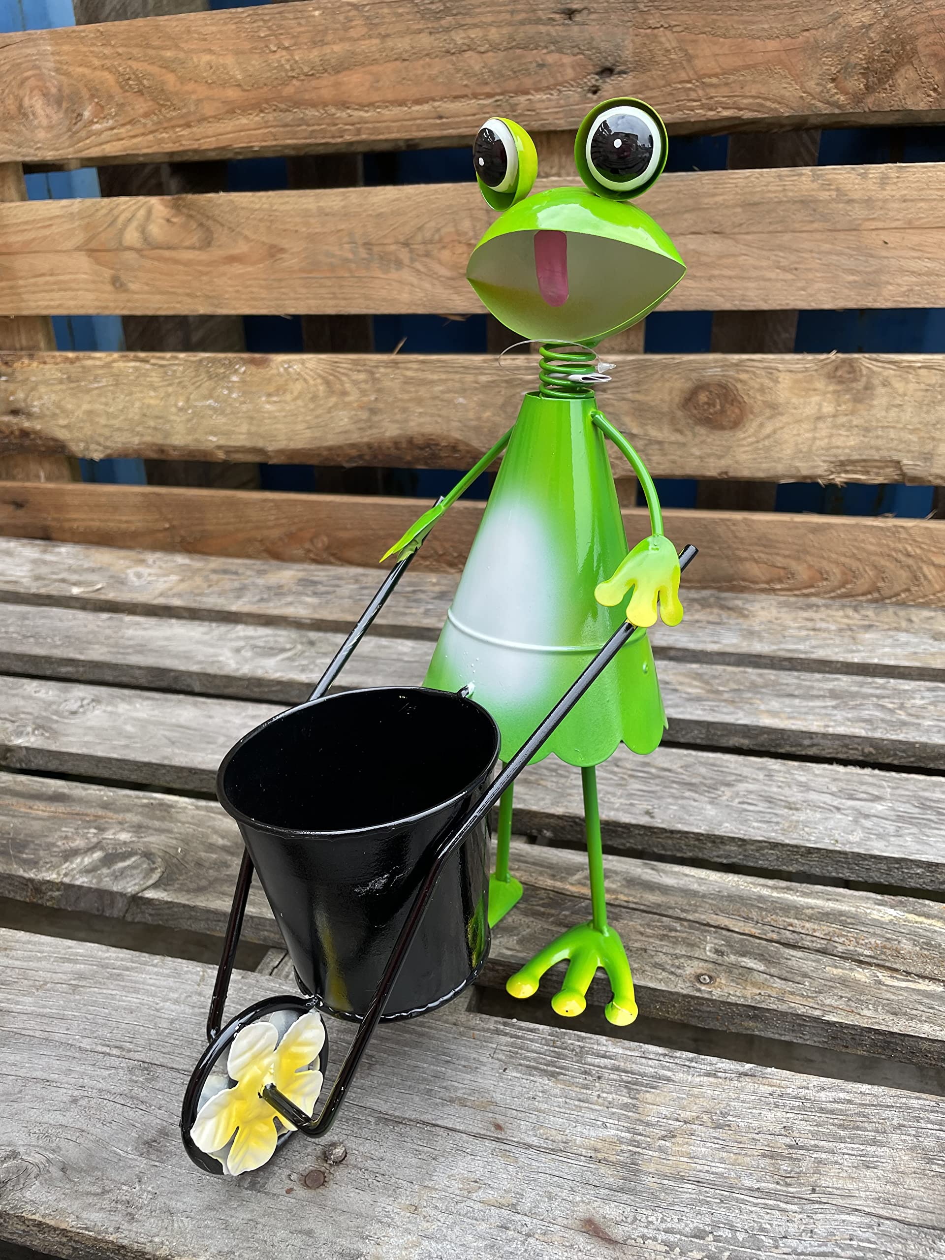 Ablerhome Novelty Frog Planters Pot Wheelbarrow Garden Planter Pot Ornaments Art Deco Animal Patio Sculptures Statue Textural Metal (Green Frog#2)