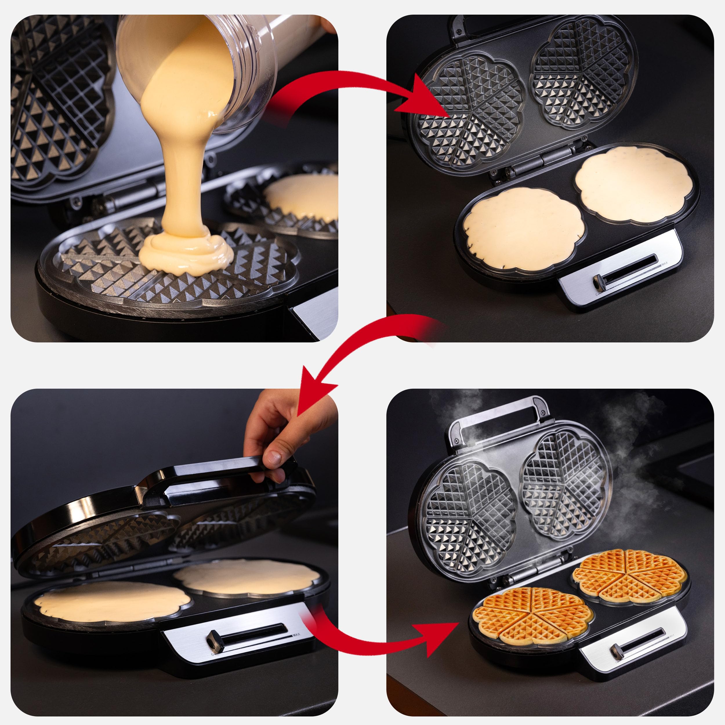 LEHMANN Gofrera Corazon Doble - Waffle Maker para 10 Gofres de Corazón Clásicos - Maquina de Gofres con 2 Superficies Antiadherentes - Control de Temperatura - 1200 W - Negro/Plateado