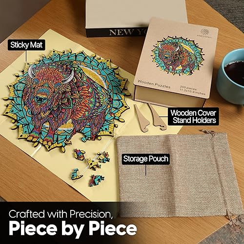 Miniatura 4 de Rompecabezas de madera para adultos, rompecabezas de madera de 200 piezas de bisonte americano, 11.2 x 10.9 pulgadas, caja de madera para regalo,