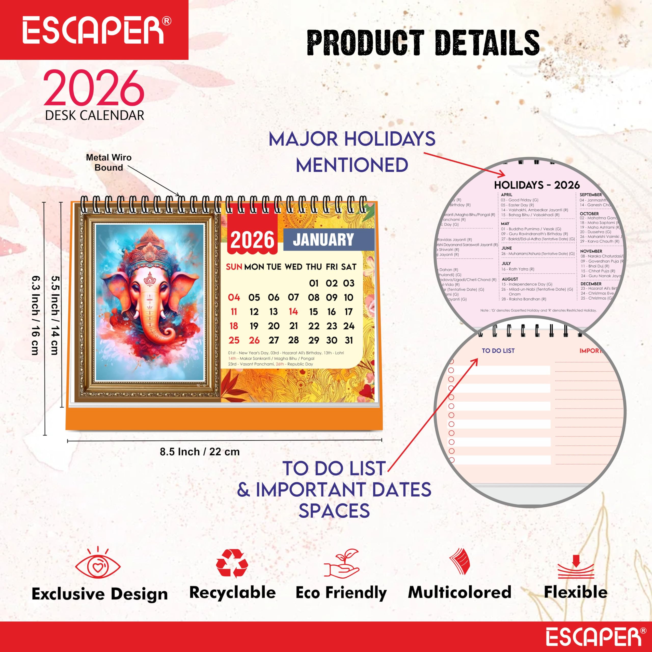 ESCAPER Lord Ganesha Stehender Flip-Desktop-Kalender 2024, 12 Monatsseiten mit dickem Papier, Doppeldrahtbindung, Tischkalender 2024 (A5, 21,6 x 14,0 cm)