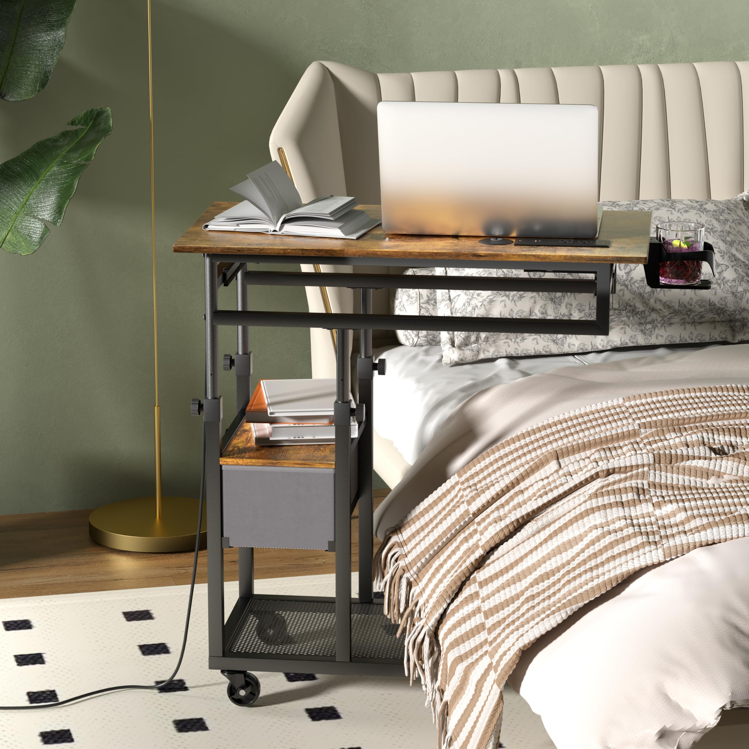 Height Adjustable C Table with Charging Station, Mobile Laptop C Shaped End Table, Couch Desk with Wheels, Couch Side Table with Storage Drawer for Living Room Bedroom