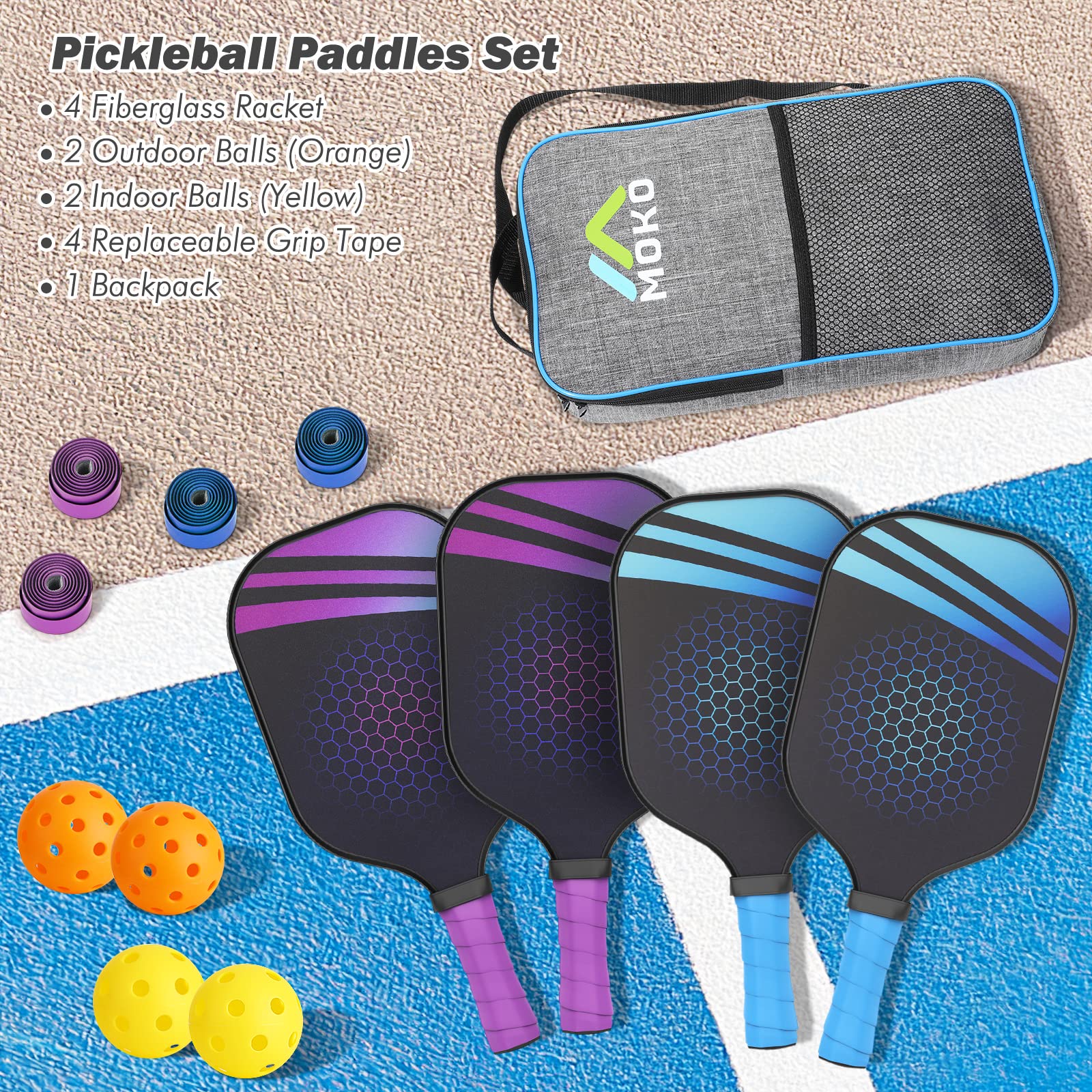 MoKo Pickleball Paddel Set, 2 Paar Leicht Pickleball Schläger aus Fiberglas mit 4 Pickleball Bälle und 1 Pickleball Tasche für Indoor Outdoor Sport Anfänger und Professionelle Spieler, Blau + Lila