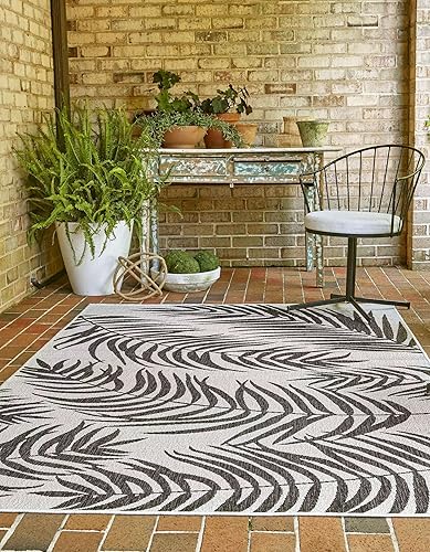 Miniatura 3 de Unique Loom - Tapete de la colección Outdoor Botanical, diseño de palmera (4.1pies x 6.1pies, rectangular, color marfil, carbóngris)