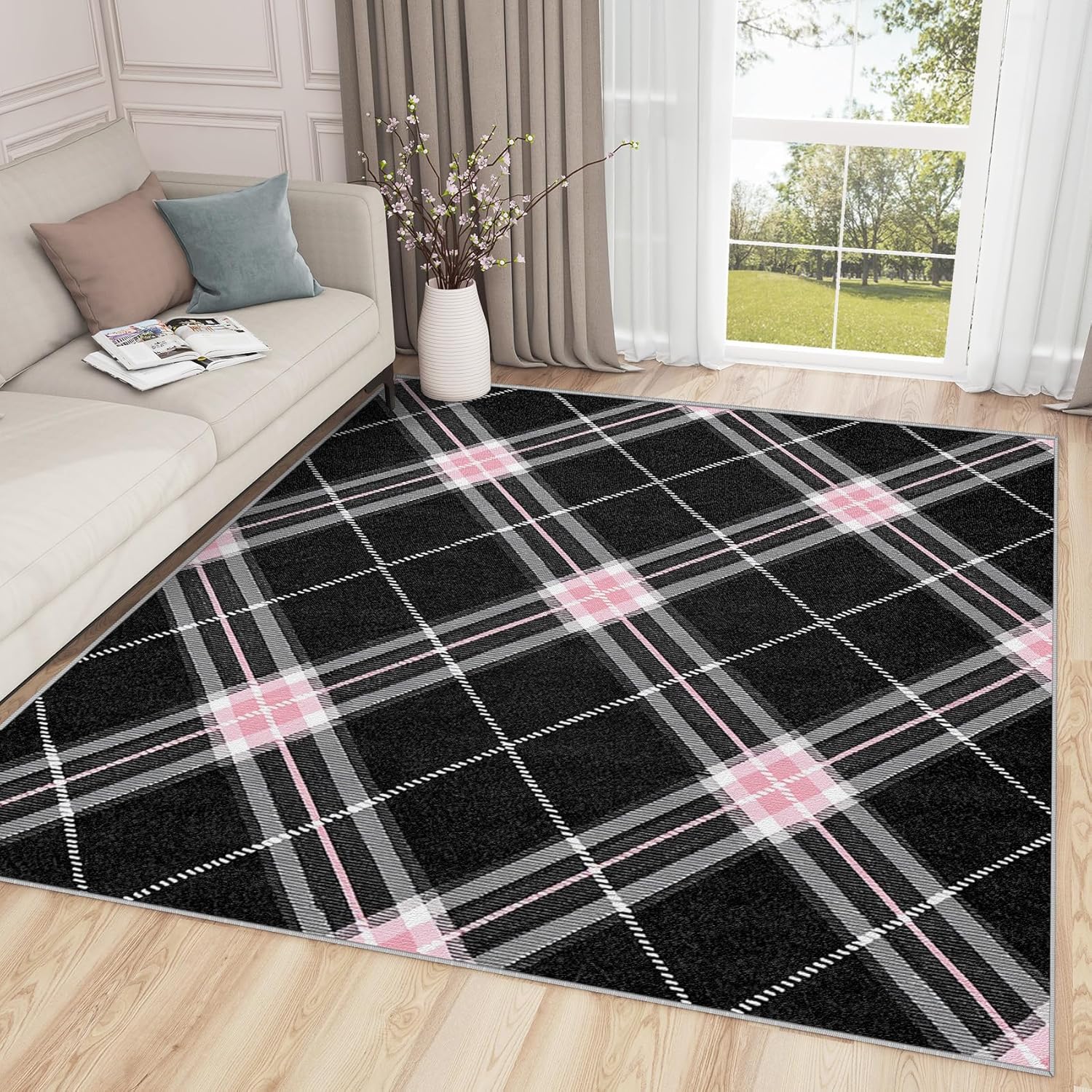 Checkered Rugs for Living Room - 2x3 Rug, Black and Pink Plaid Area Rug, Tartan Washable Non Slip Soft Rugs, Geometric Plaid Carpet, Buffalo Check Home Decor, Checkered Gifts for Girls