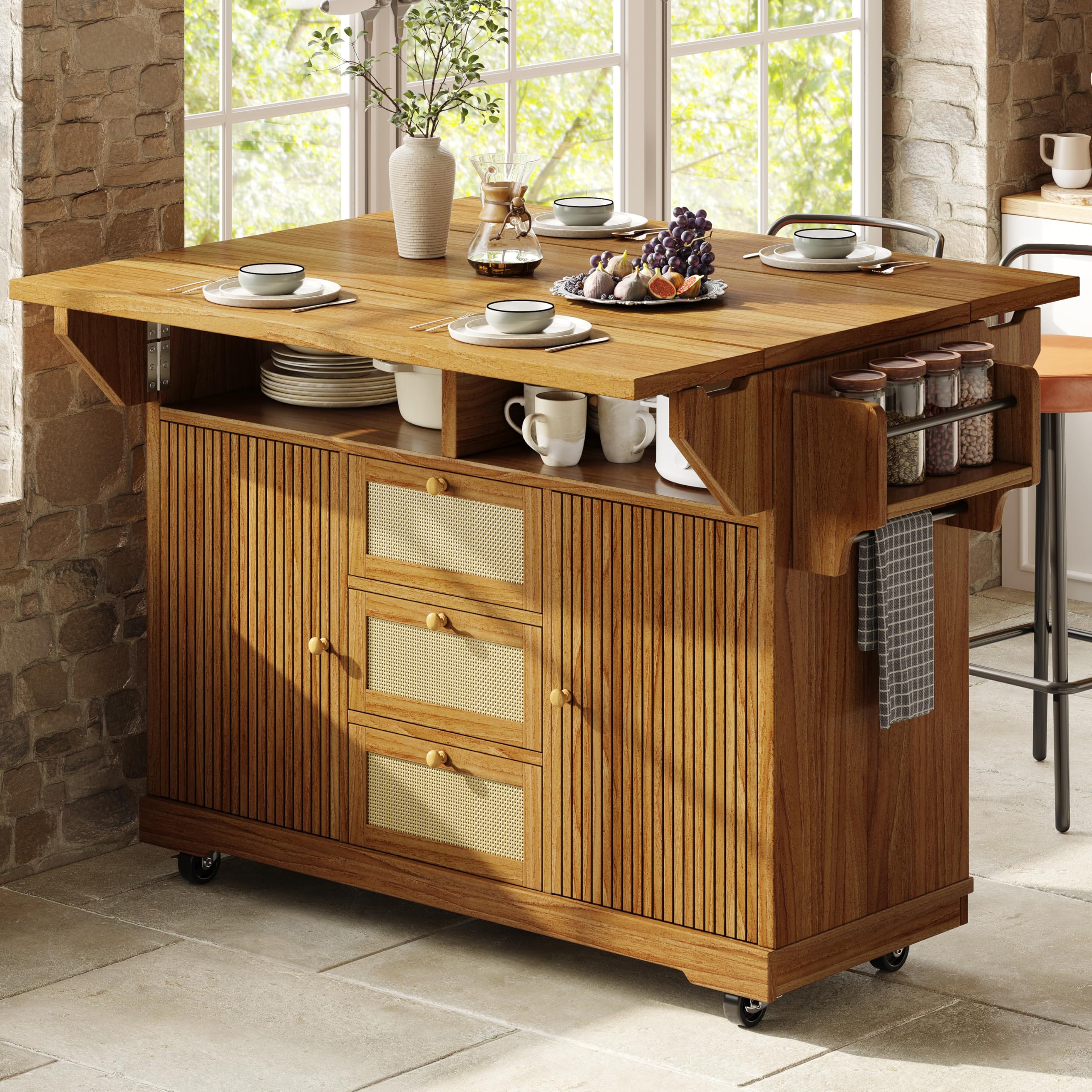 Desserte à roulettes Îlot de Cuisine 95 cm Extensible Multifonction, Plan Rabattable 3 Tiroirs, Gain de Place Cuisine Balcon Camping Appartement, Marron Foncé