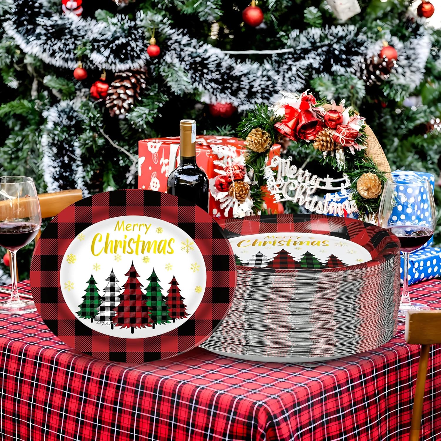 Christmas Paper Platters Disposable Christmas Trees Oval Party Plates 10" x 12" Large Buffalo Plaid Xmas Dinner Serving Platters for Xmas Party Supplies Dinnerware Table Decorations, 50 Pcs