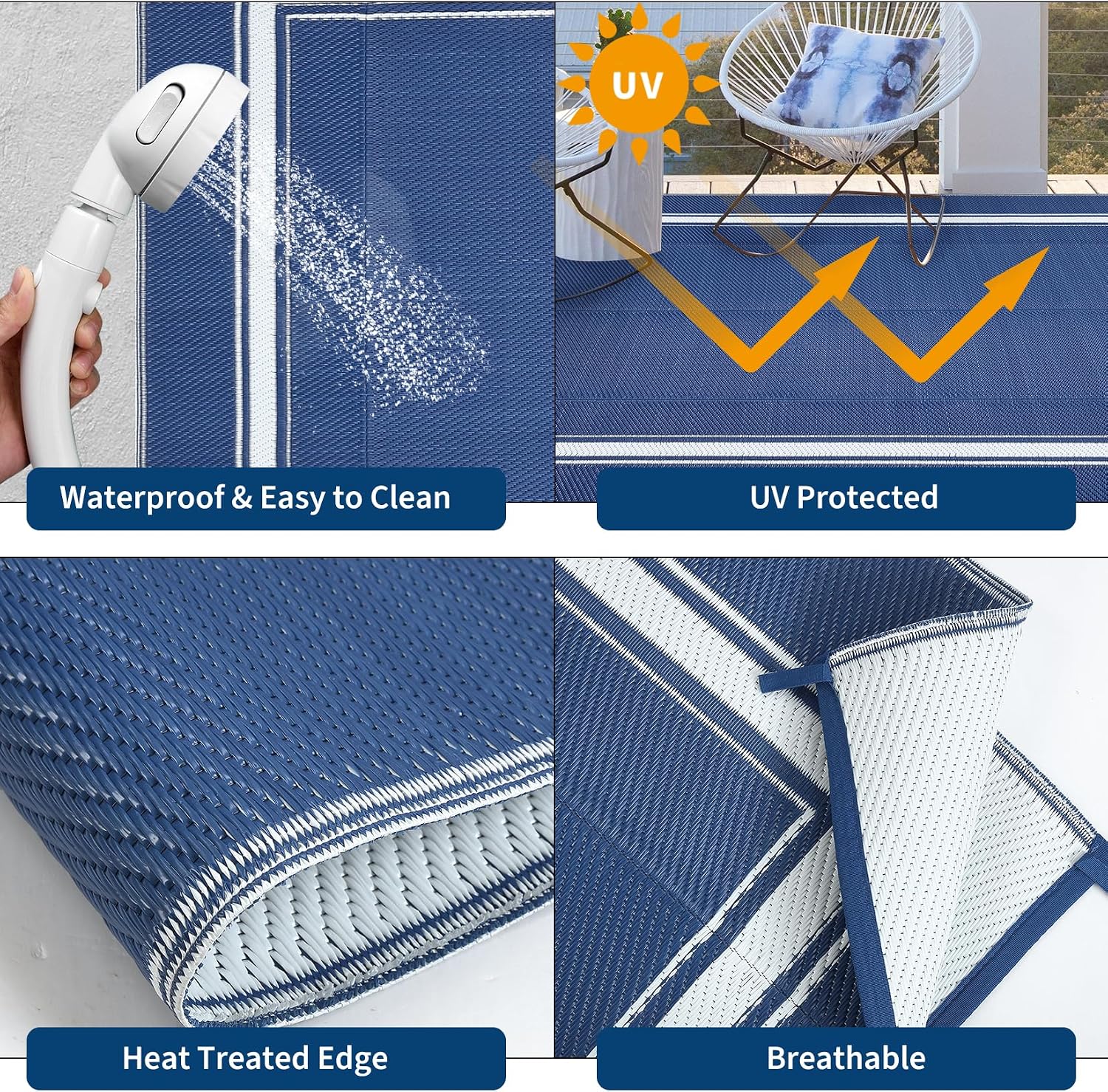 Outdoor Patio Rug 9x18 Waterproof Outside Area Rugs Border Reversible Plastic Straw Carpet for RV Deck Camping Entryance Porch Picnic Balcony Beach，Blue/White