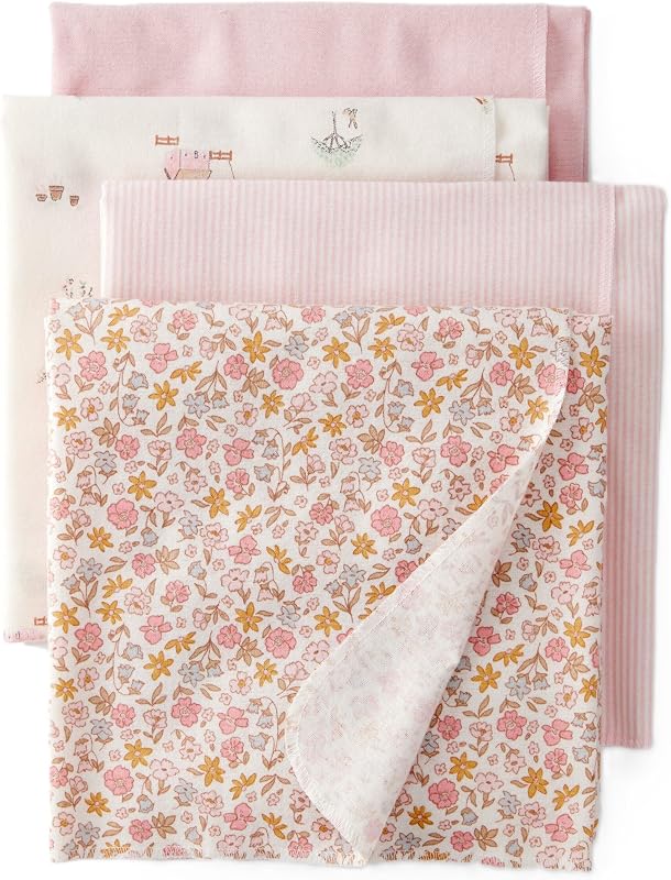 Baby Unisex Receiving Blankets 4-Pack, Soft Breathable Cotton Swaddle & Stroller Covers Lightweight Nursery Essentials 40” x 30" (Pink/Ivory/Floral)