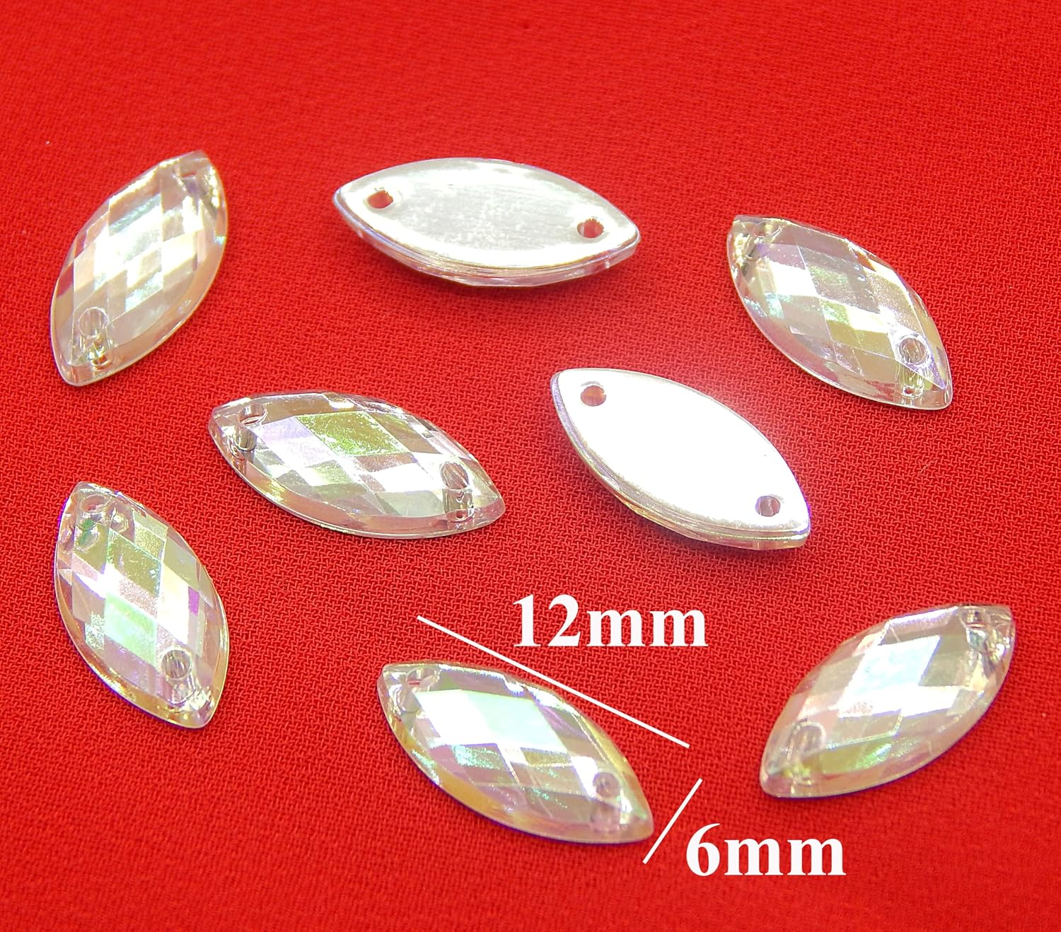 Perlin Rhinestone Gems for Sewing 2 Holes Buttons Marquise 150 Pcs Crystal AB Glitter Stones 12 x 6 mm Acrylic Flat Back Faceted Set Sewing Buttons for Garment Crafts Clothing and Bag Decoration