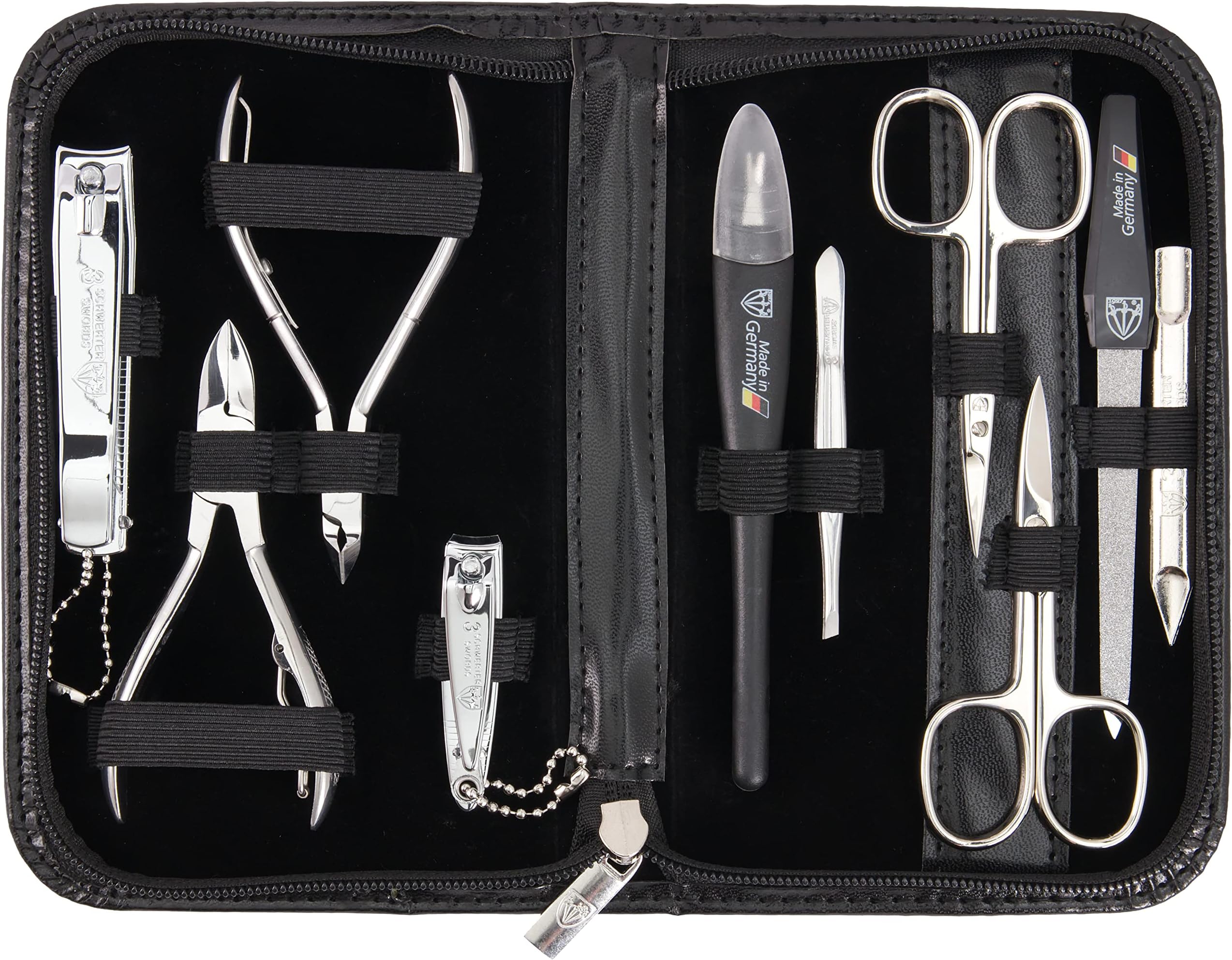 brand quality 10 piece manicure pedicure grooming kit set for professional finger & toe nail care scissors clipper fashion leather case in gift box, Made by 3 Swords (00286)