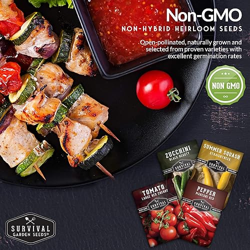 Miniatura 4 de Survival Garden Seeds Kabob Skewer Vegetables Collection - Tomate cereza rojo grande, calabacín negro de belleza, calabaza de verano de cuello recto