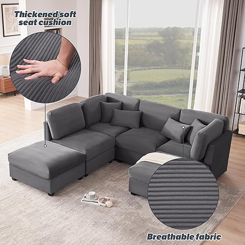 Miniatura 6 de Sofá modular de pana de gran tamaño de 125 pulgadas, sofá modular en forma de U con almacenamiento, sofá de pana convertible de 6 asientos, cómodos