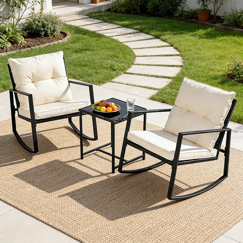 SUNCROWN 3 Piece Outdoor Rocking Bistro Set Black Wicker Furniture Porch Chairs Conversation Sets with Glass Coffee Table, Beige image 3