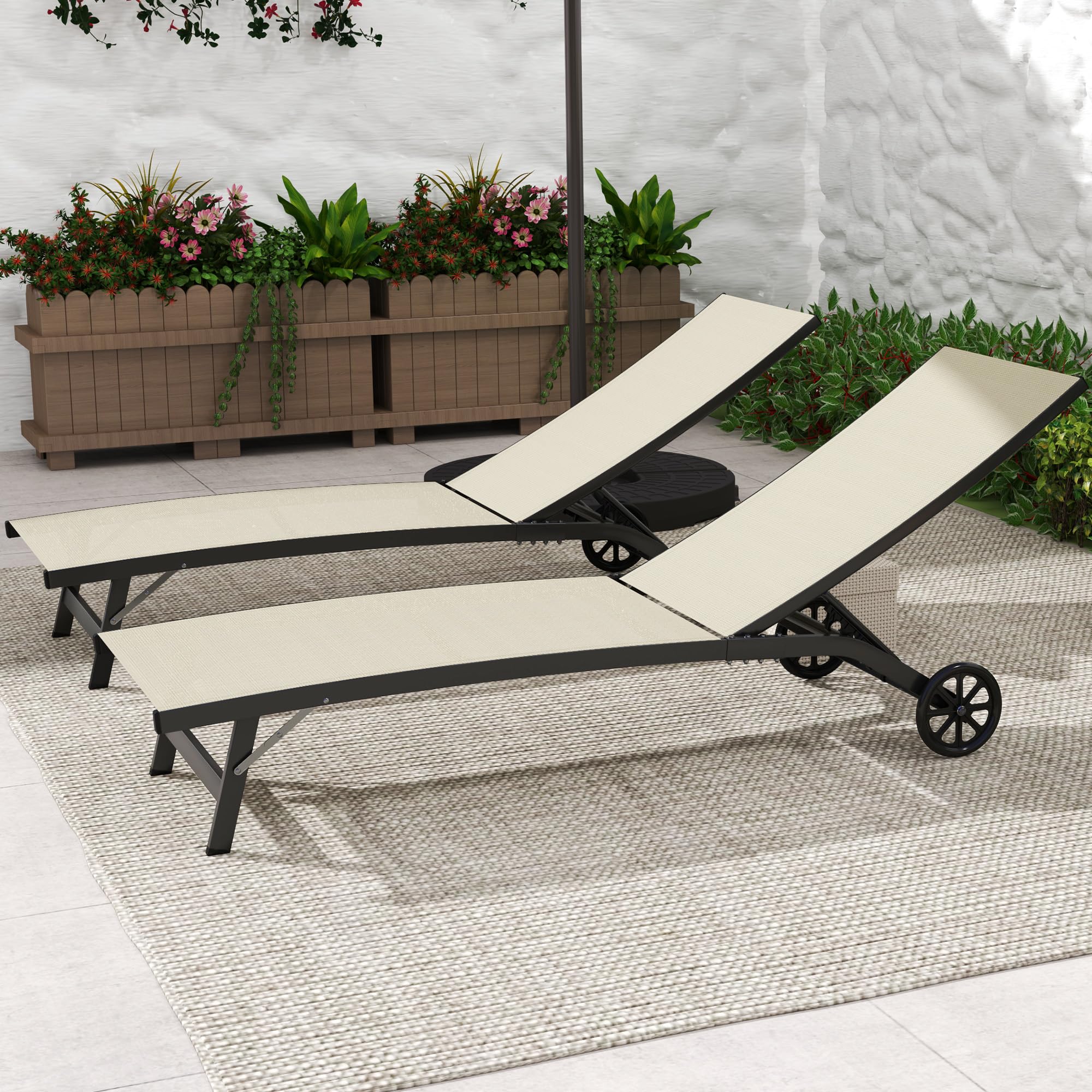 Outsunny Lot de 2 Bains de Soleil transat Chaise Longue inclinable en Aluminium et textilène avec roulettes Dossier Multipositions Charge Max. 150 Kg Kaki