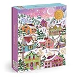 Snowcap Village – 1000 Piece Foil Joy Laforme Jigsaw Puzzle Featuring Beautiful Artwork of Snowcapped Village During Christmas