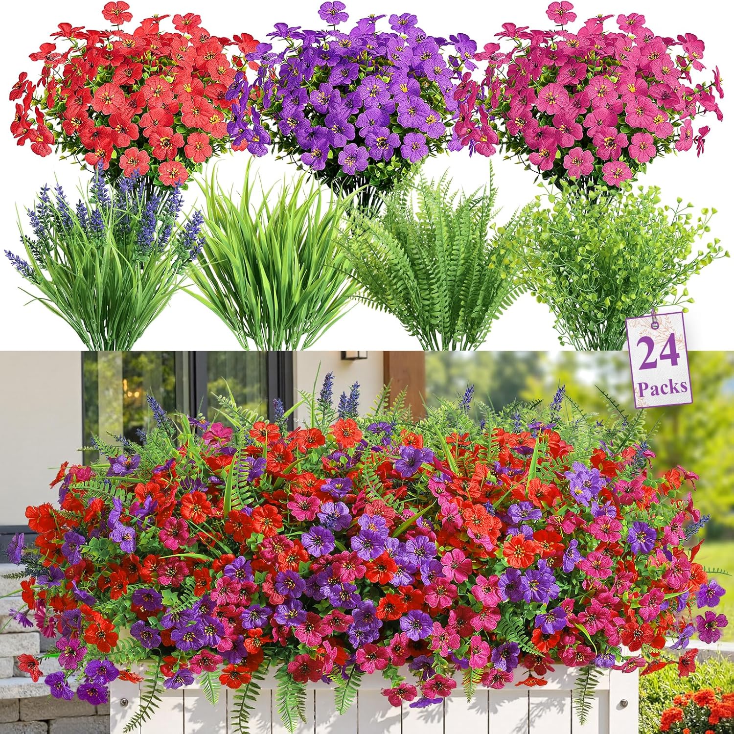Alupssuc 24 Bundles Artificial Flowers for Outdoors Planters Spring Decoration, UV Resistant Faux Eucalyptus Violet and Lavender Silk Fake Plants for Outside Indoor Yard Home Patio Decor, Mix 3 Colors
