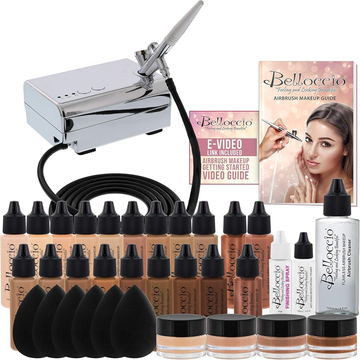 Belloccio Airbrush Cosmetic Makeup System with a MASTER SET of All 17 Foundation Shades plus Blush, Shimmer and Bronzer All in 1/2 oz bottles