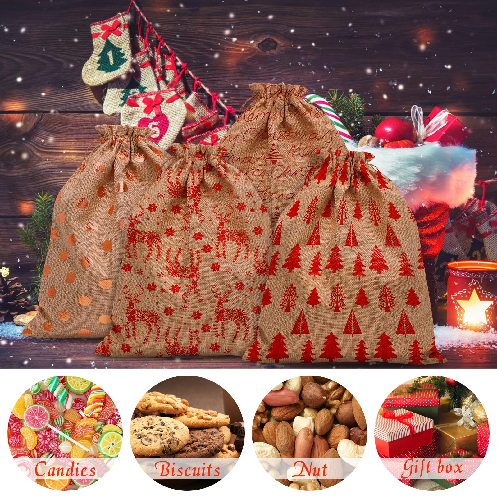 4 PCS Santa Sack Burlap Gift Bags With Drawstrings – 11.8x15.7 Inch Christmas Gift Wrapping, Party Favor & Decoration