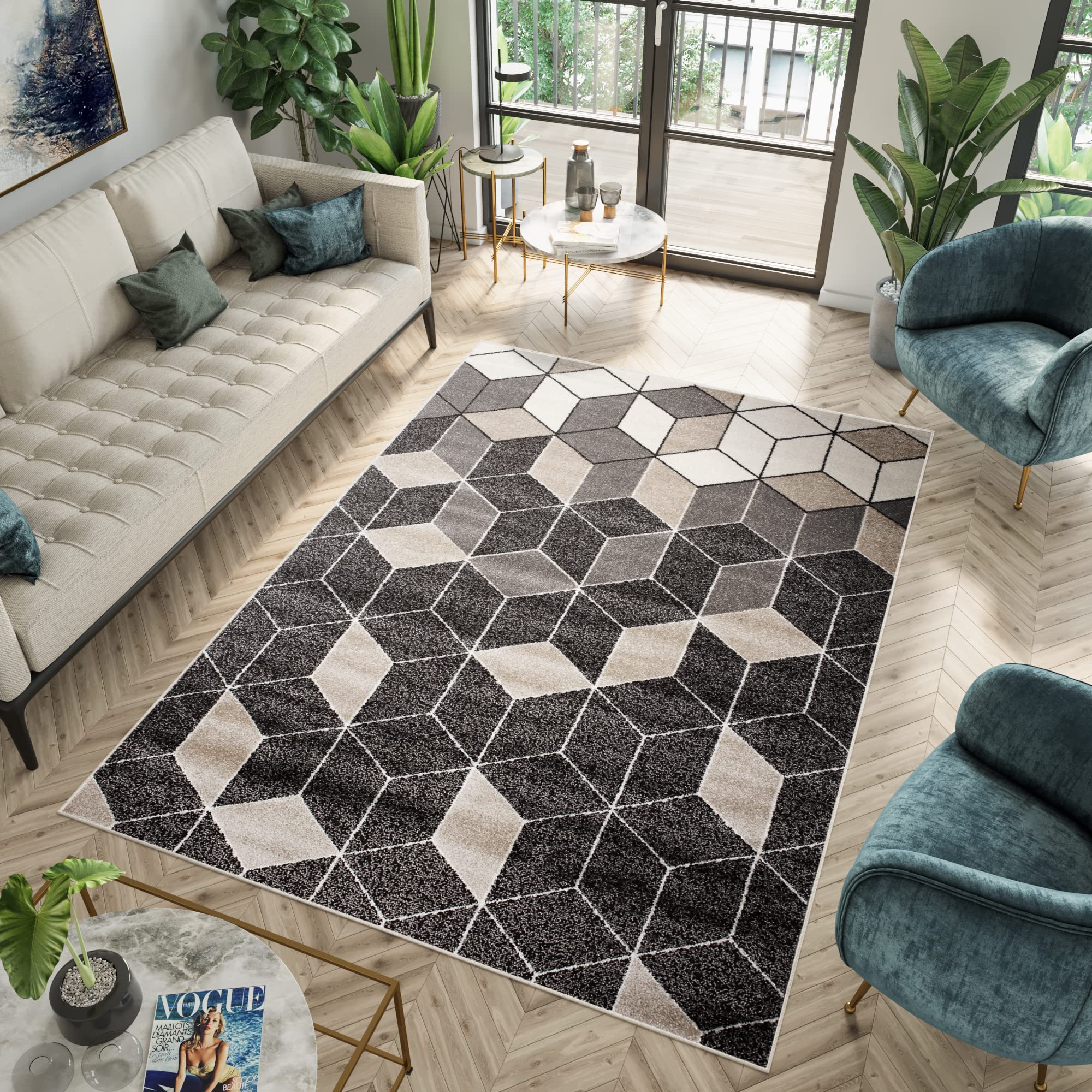 TAPISO Fiesta Dywan z krótkim włosiem, czarny, kremowy, szary, czarny, czworokątny, stożkowy, geometryczny, do sypialni, salonu, nowoczesny design, 180 x 260 cm