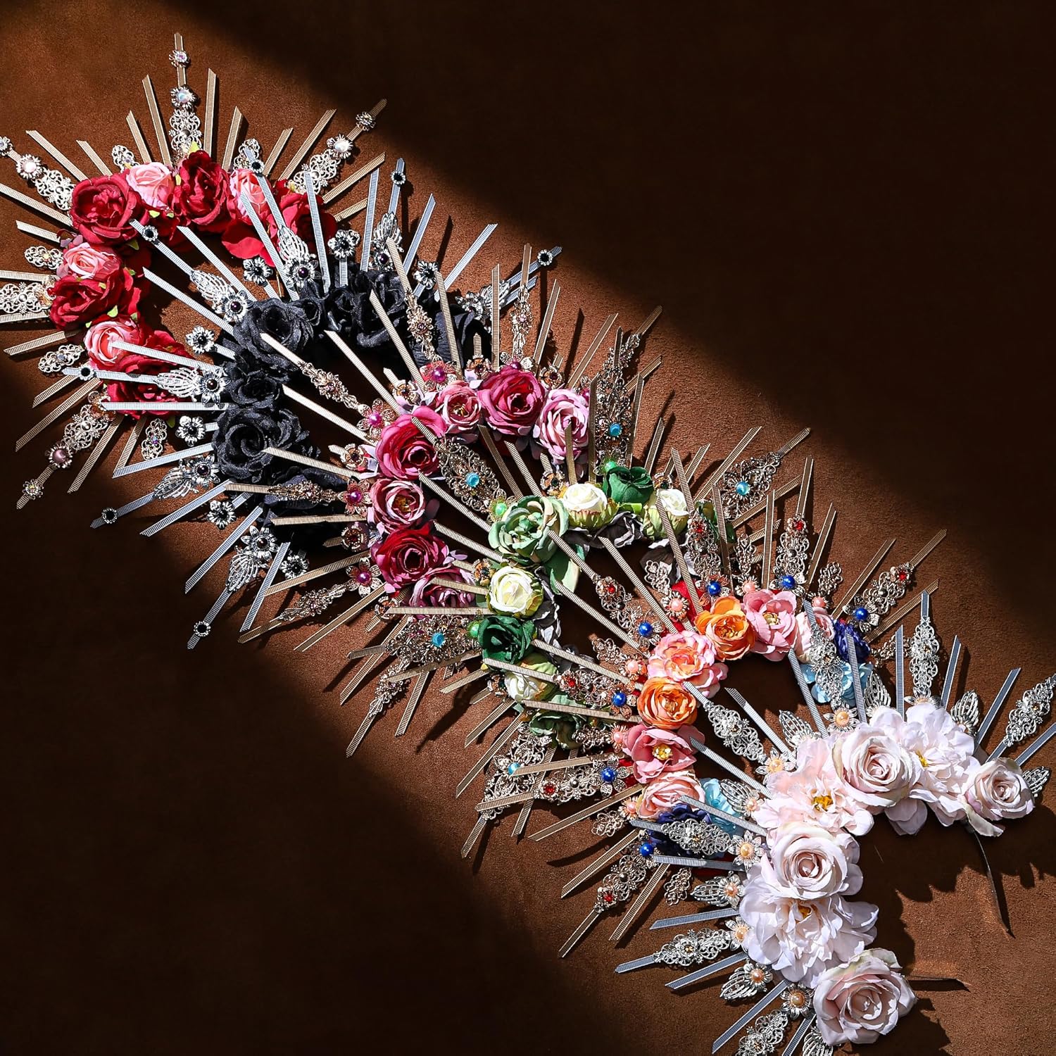 Renfaire Roses Halo Crown - Handmade Woodland Goddess Headpiece with Crystal Gold Sunburst Headband Spiked Green Rose Flower Tiaras for Women Fairy Renaissance Cosplay Halloween - Image 7