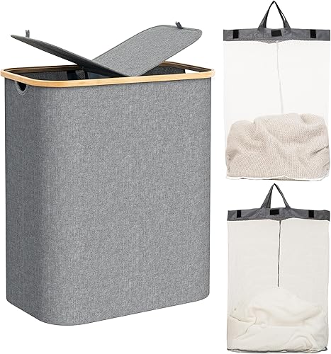 joybest Cesta de lavandería doble grande de 140 litros con tapa bolsas extraíbles, cesta de lavandería gris con asas de bambú, cesta de ropa sucia