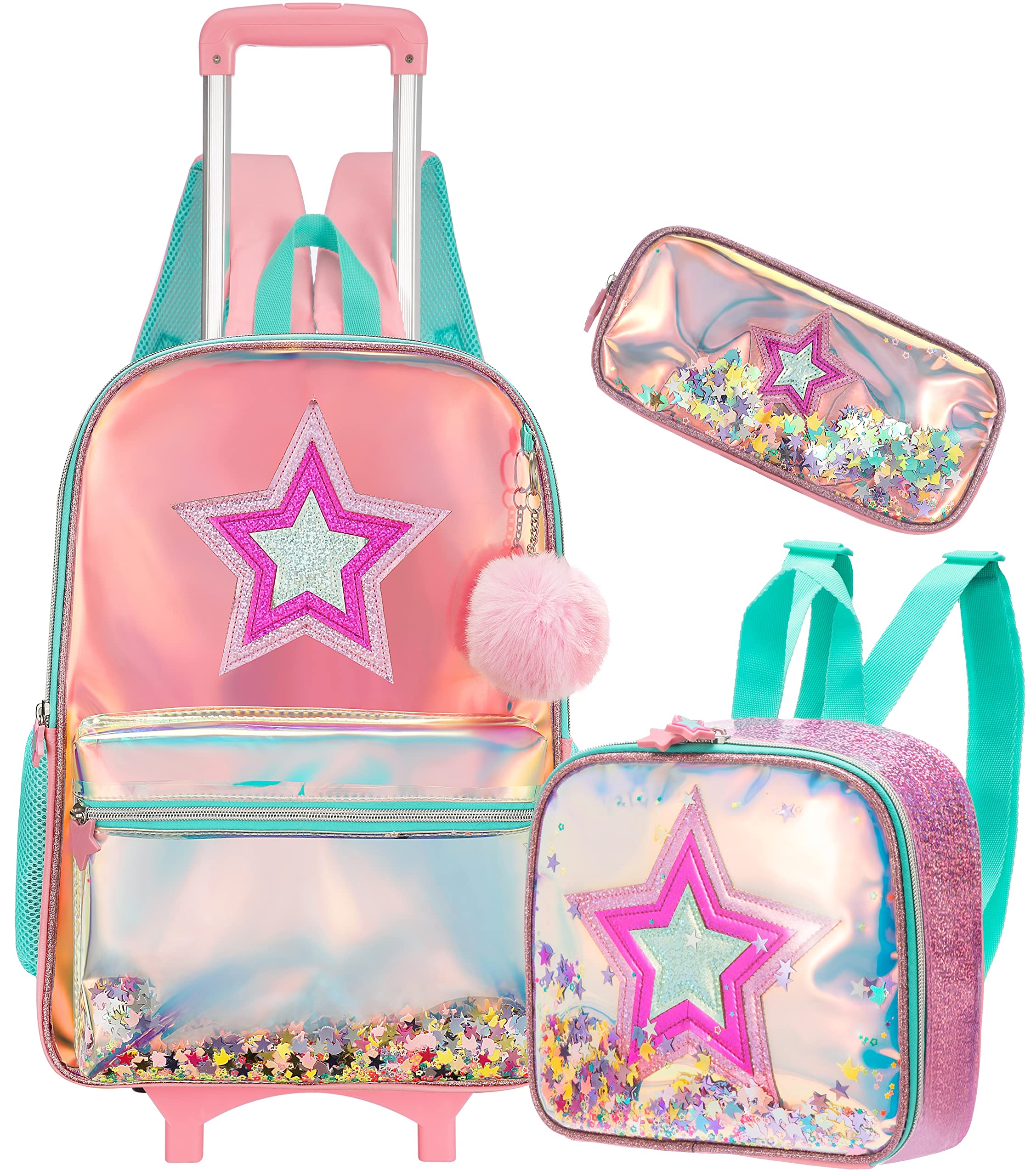 Meetbelify Girls Rolling Backpack Sequin Rolling Backpacks with Wheels for Girls for Elementary School Bag