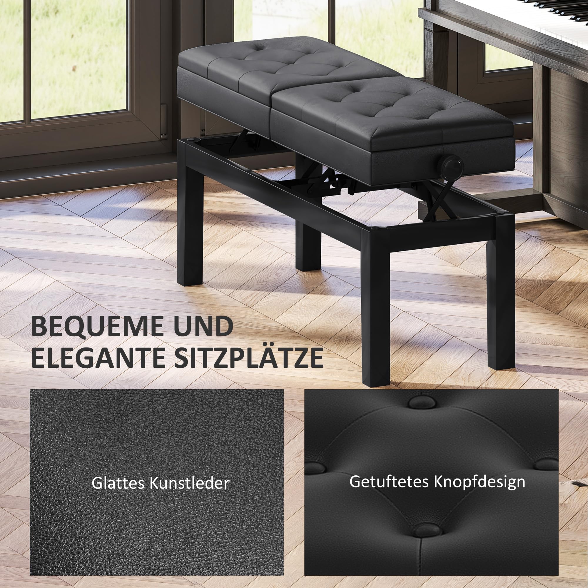 HOMCOM Klavierbank Höhenverstellbar Stauraum 105 x 37 x 48-58 cm Schwarz | Klavierhocker, Pianobank bis 220 KG Belastbar, Kunstleder