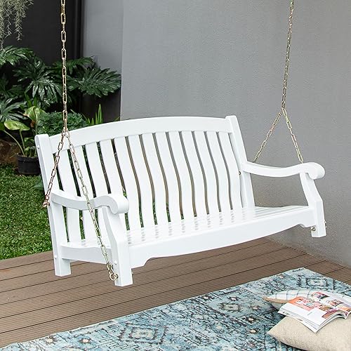 Miniatura 3 de Bonn - Columpio de madera de caoba, color blanco, columpio duradero para exteriores, patio, porche, jardín, cubierta, cómodo, resistente a la