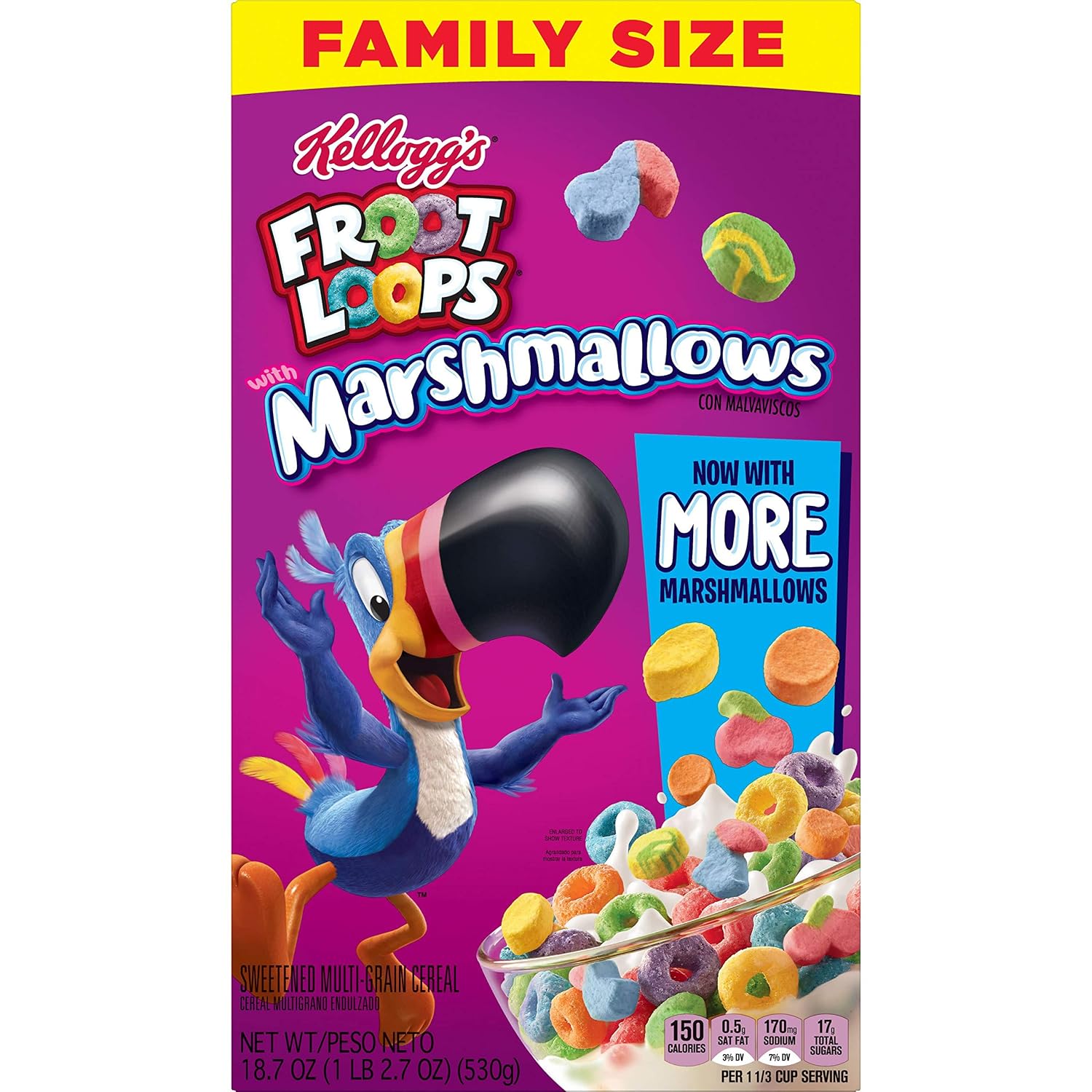 Kellogg's Froot Loops, Breakfast Cereal, Original with Marshmallows, Excellent Source of Vitamin C, Family Size, 18.7oz Box(Pack of 6)