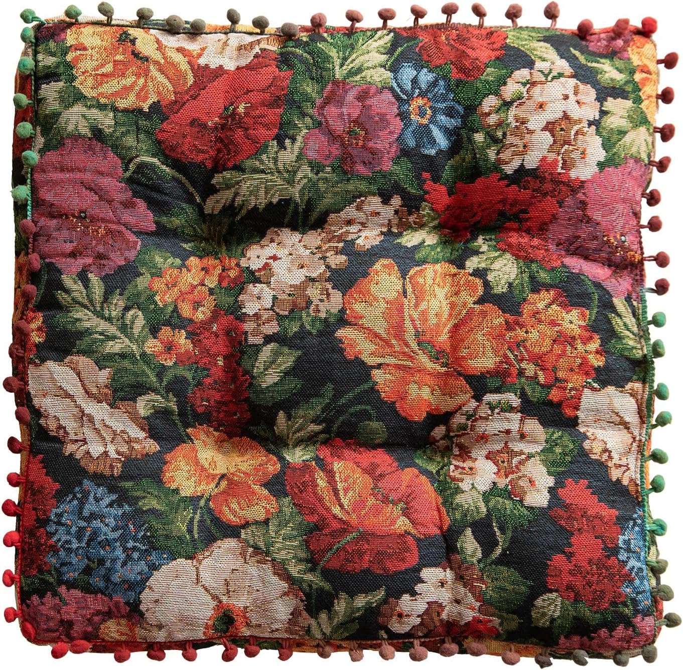 Vintage Jacquard Square Chair Pads Spring Floral Pattern Soft Comfort Chair Cushion Colorful Pompom Seat Cushions for Indoor Dining Room and Kitchen Chairs (Black, 16"x16")
