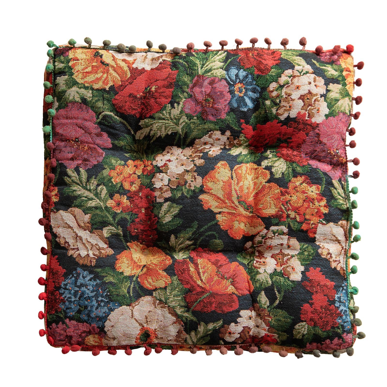 Huierxun Vintage Jacquard Square Chair Pads Spring Floral Pattern Soft Comfort Chair Cushion Colorful Pompom Seat Cushions for Indoor Dining Room and Kitchen Chairs (Black, 16
