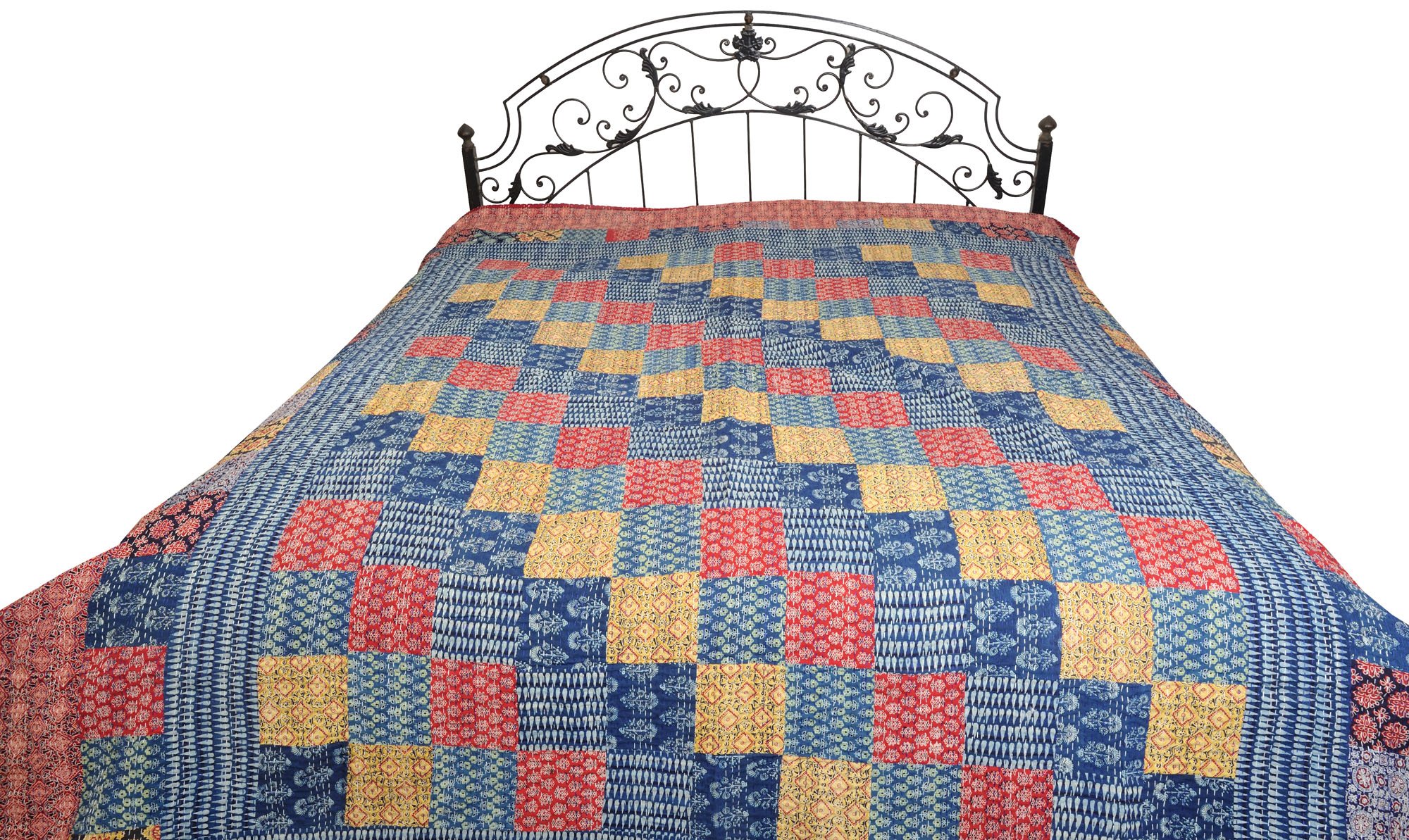 Exotic India Multicolored Floral Printed Bedcover from Jodhpur with Patch-work All-Over and Kantha S - Color True Navy Color-image-35