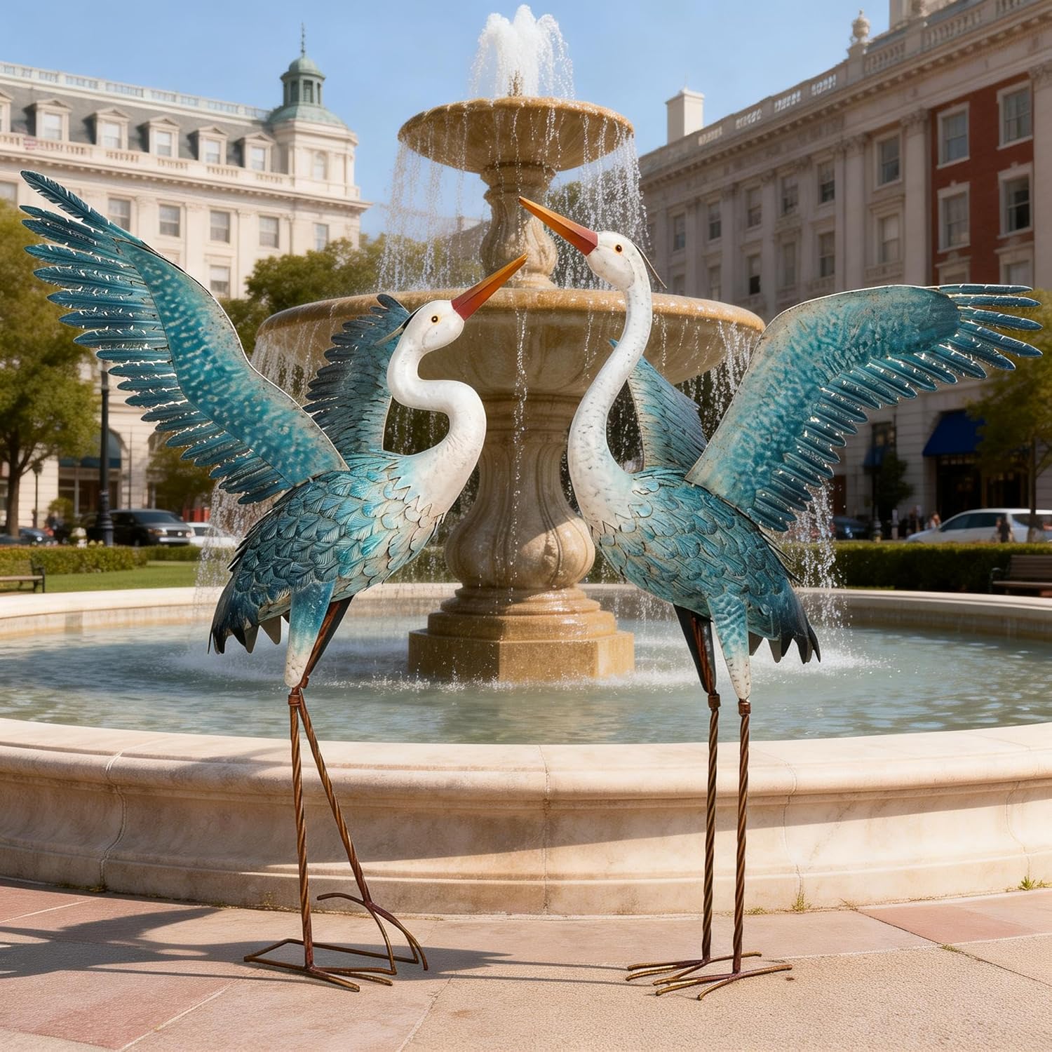 chisheen Garden Statue Outdoor Metal Heron Crane Yard Art Sculpture for Lawn Patio Backyard Decoration,46 inch (2-Pack) (White&Blue)