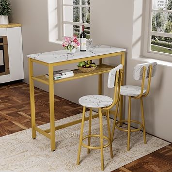 3 Piece Counter Height Set with Storage Kitchen Table Set with Bar Stools Small Apartment Breakfast Table White Faux Marble Top