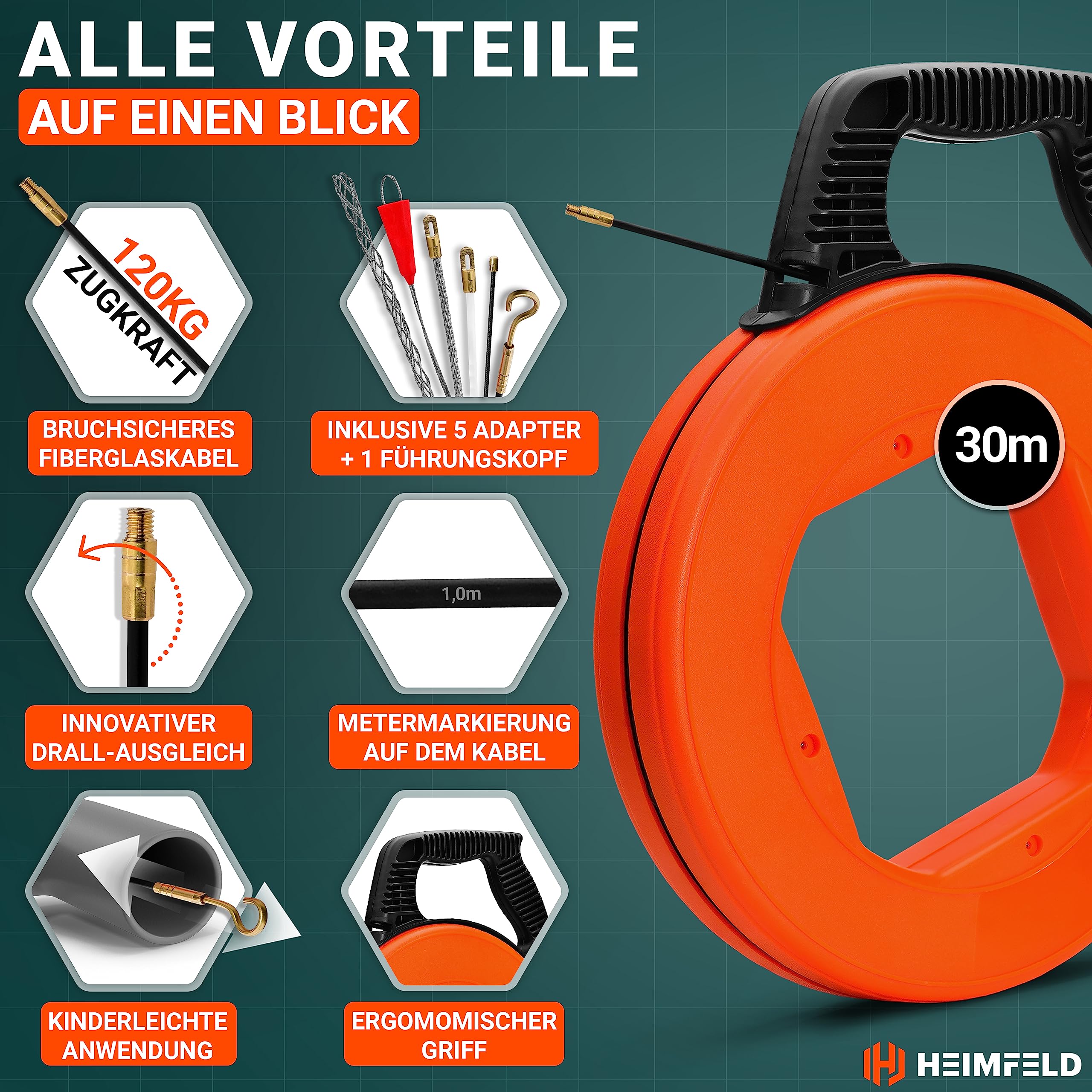 Kabeleinziehhilfe 30M - Hochwertige Einziehspirale inkl. 6 Adapter - Zugdraht für Leerrohre mit bruchsicherem Kabel [4mm] - Einziehfeder mit verbesserter Version [2024] - Einziehhilfe