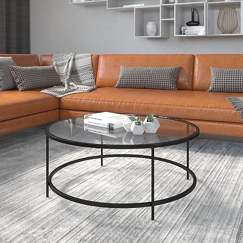EMMA + OLIVER Mesa de centro de cristal transparente para sala de estar con marco redondo de metal negro mate
