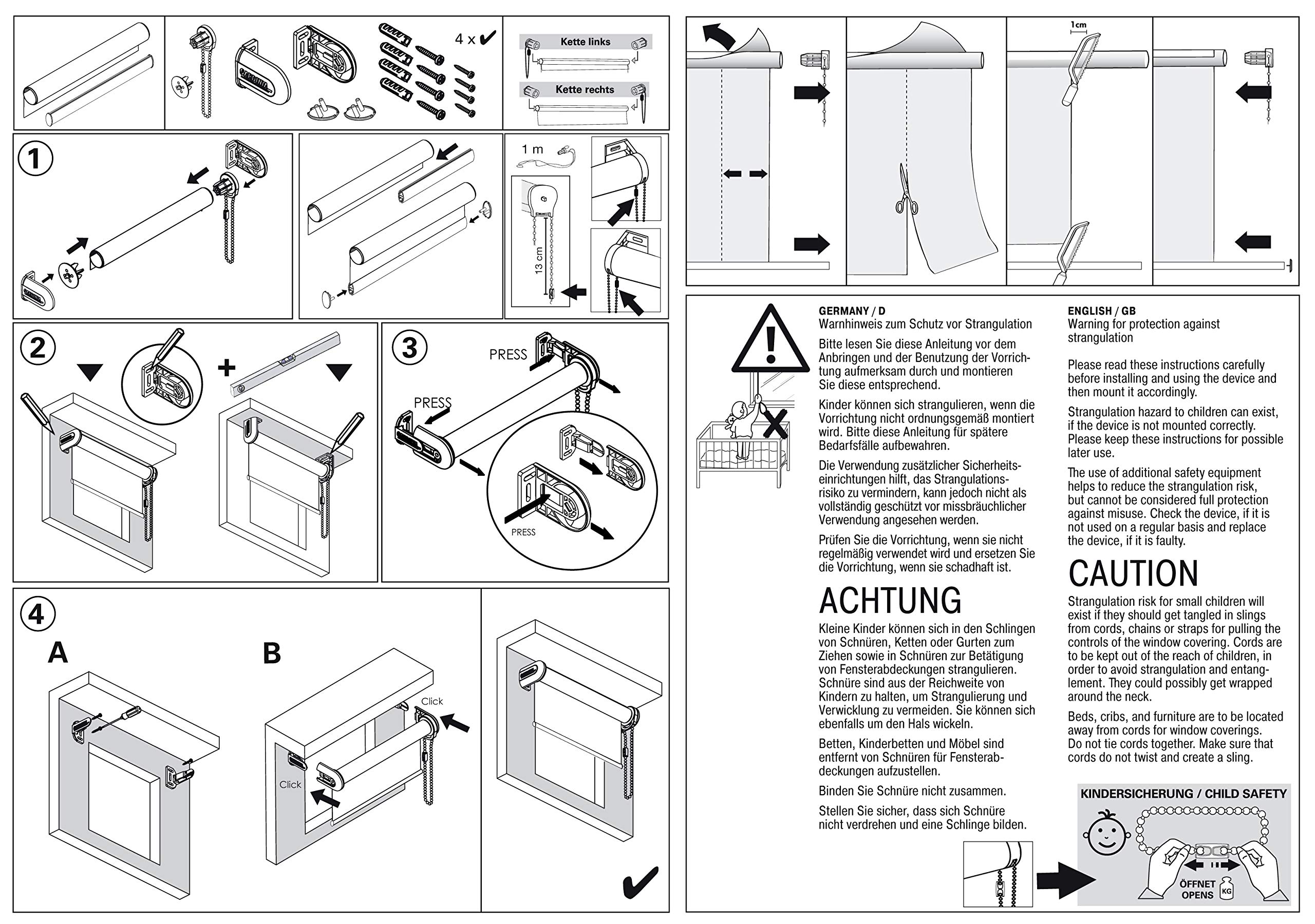Gardinia Tenda Oscurante a Rullo con Catenella Laterale, Installazione a Parete, soffitto o nicchia, Opaca, Kit di Montaggio Incluso, Bianco, 182 x 180 cm (LxA), Tela