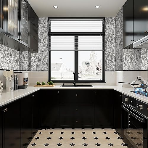 Miniatura 8 de Papel tapiz de hojas para despegar y pegar, papel tapiz gris claro, papel de contacto con hojas grises, papel tapiz extraíble, autoadhesivo, papel