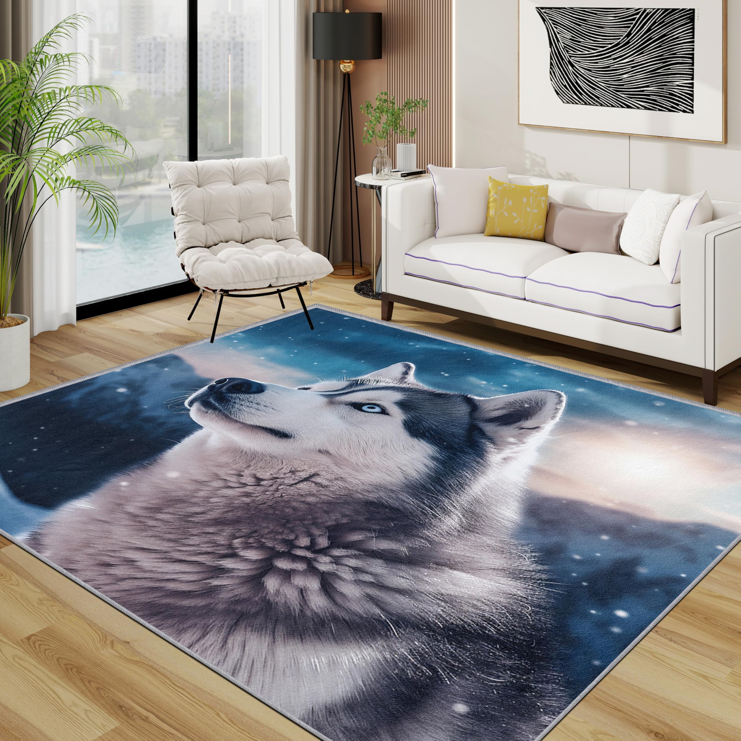 Husky Rugs Living Room Large 140x200 - Dog Animal Bedroom Rug, Winter Snowflake Washable Non Slip Low Pile Carpet, Husky House Decor