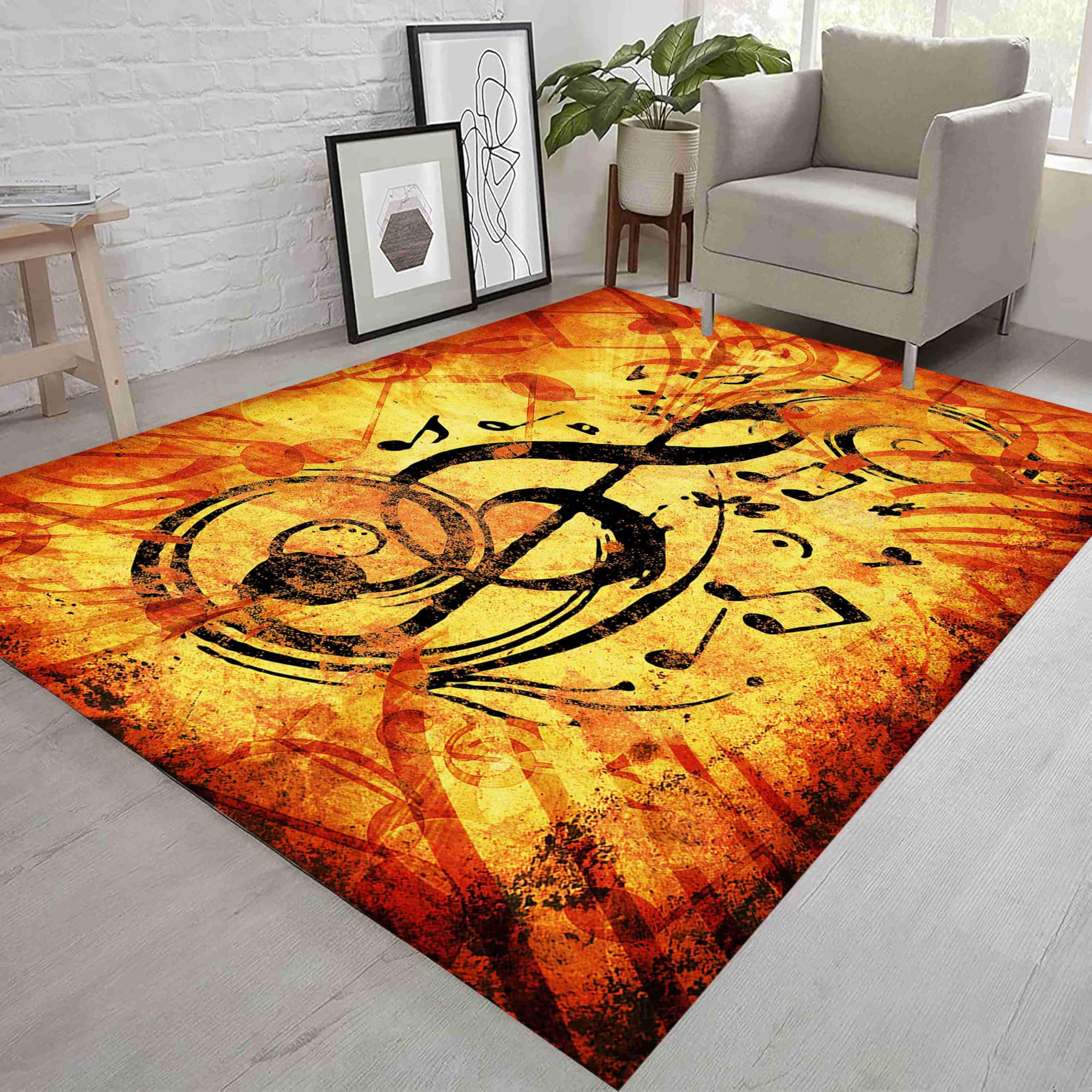 Kuluoits Musical Note Area Rug, 180x230cm, Retro Orange and Yellow Music Theme Rug Pad, Soft Non-Slip Washable Area Rugs for Living Room Bedroom Music Room Dormitory Game Room Floor Decor