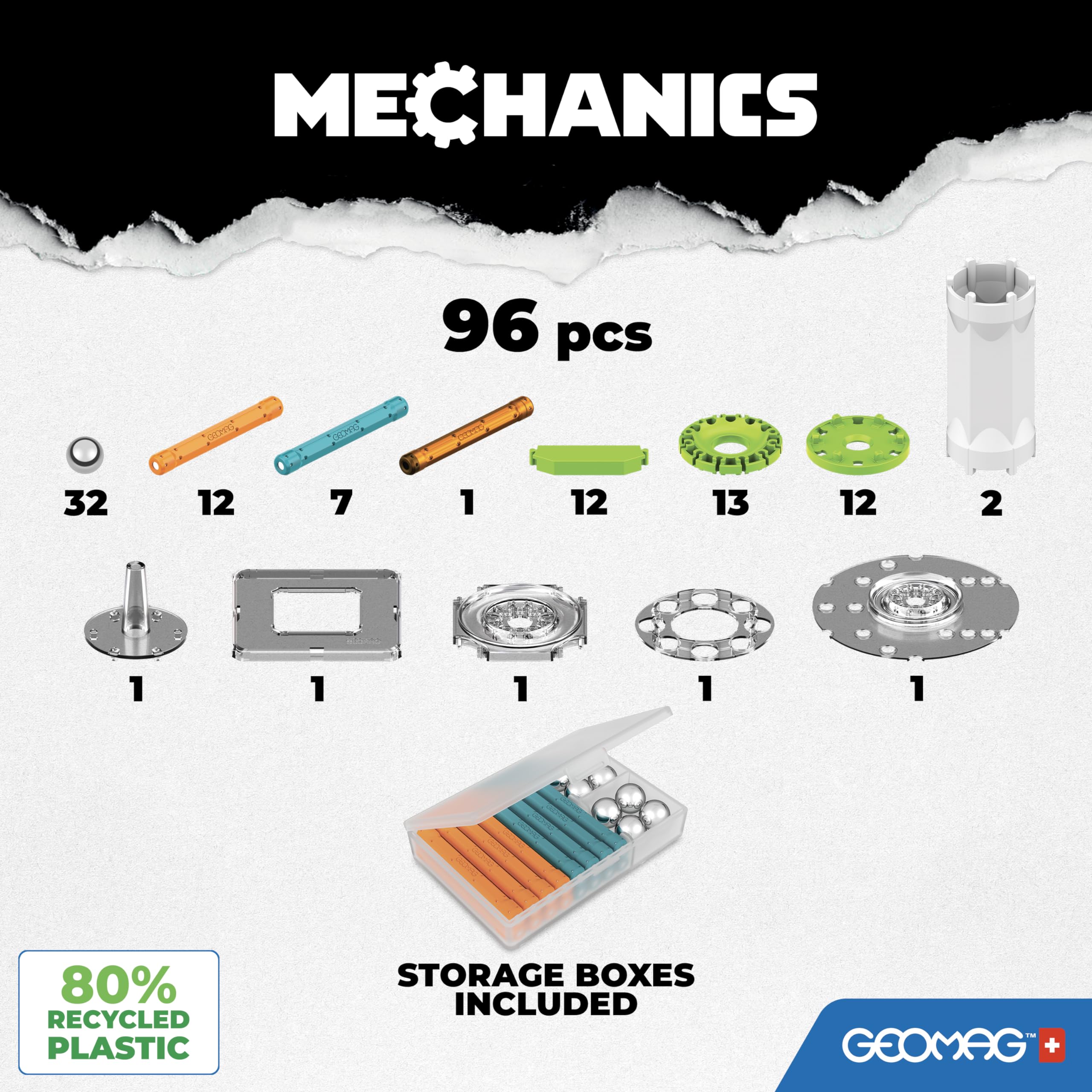Geomag - Mechanics Motion Magnetic Gears - Gioco Educativo e Creativo per Bambini - Costruzioni Magnetiche - Confezione da 96 Pezzi