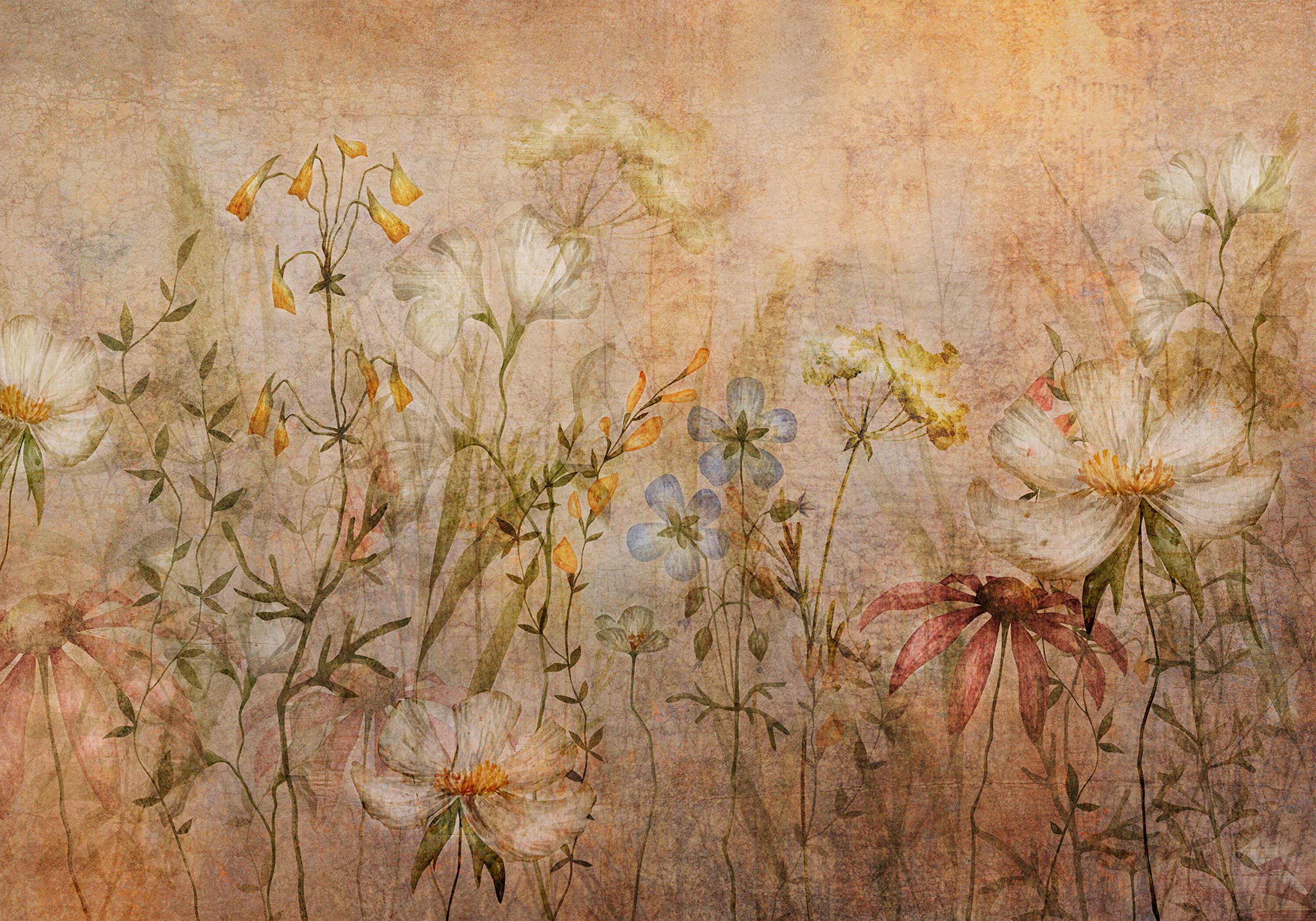 decomonkey Premium Fototapete Wiese Blumen, 350x256 cm, XXL, Vintage Stein | Braun, Grün, Beige, Vlies, Schlafzimmer, Wohnzimmer, Design, Tapete, Fototapeten, Tapeten, Vliestapete, Wandtapete, moderne