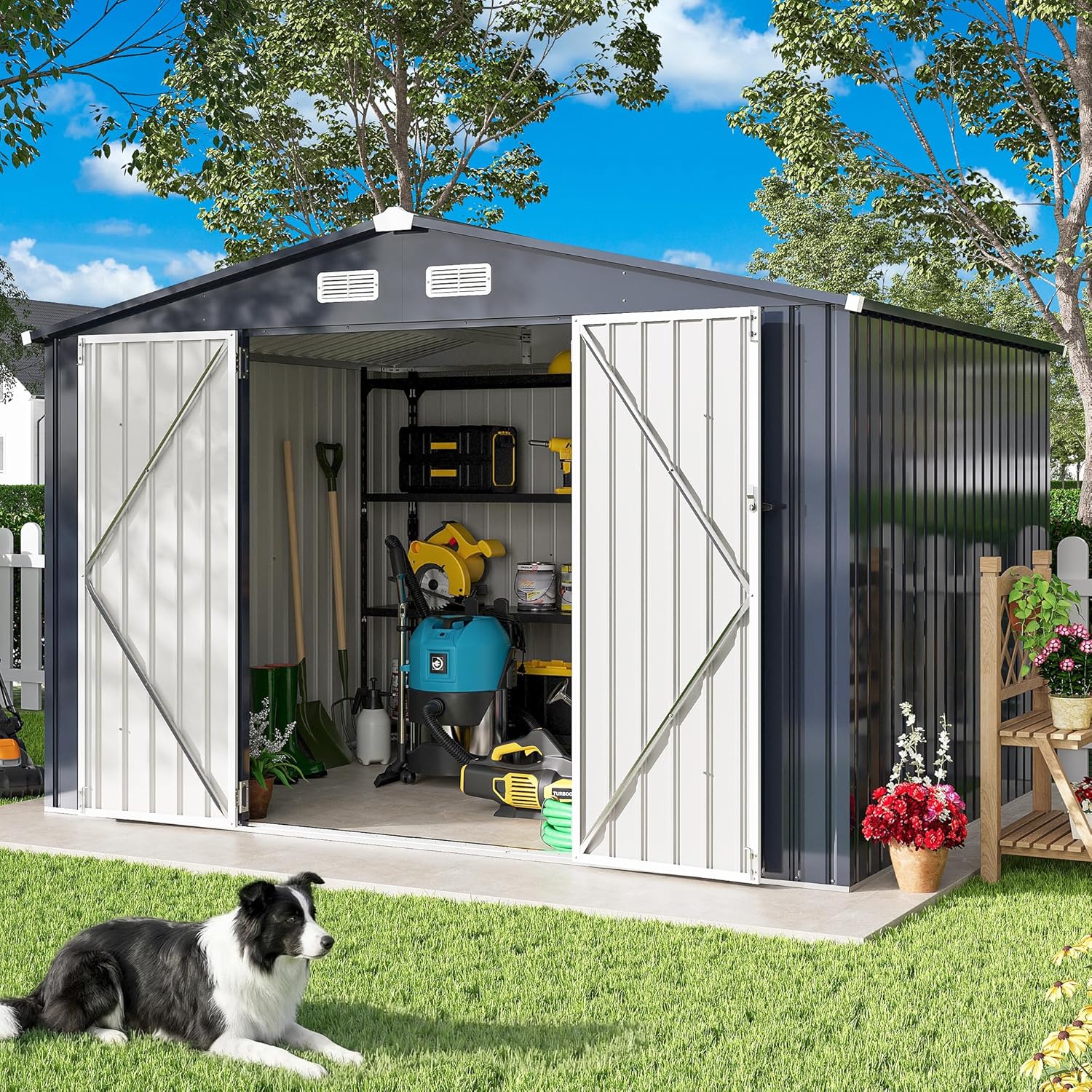 IRONCK 10x8FT Storage Shed, Outdoor Tool Shed with Lockable Doors and Breathable Vent, Outside Metal Garden Storage for Poolside, Backyard, Patio, Dark Blue