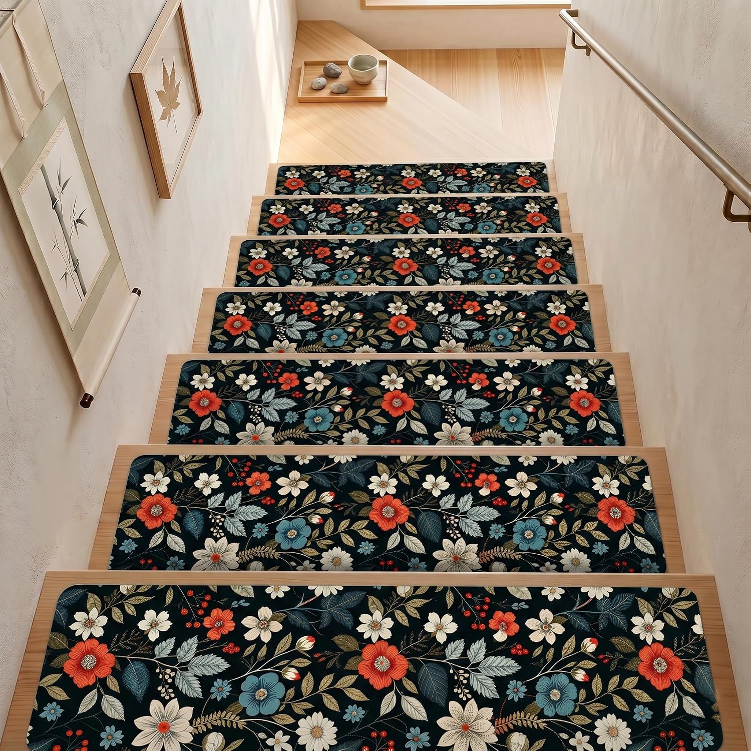 Flower Stair Treads Non Slip 15pcs, Stair Runner for Wooden Steps, Rubber Backing Stairs Carpet, Machine Washable Indoor Staircase Covers Mat with Rubber Backing for Pets and Kids 8"X30" Green