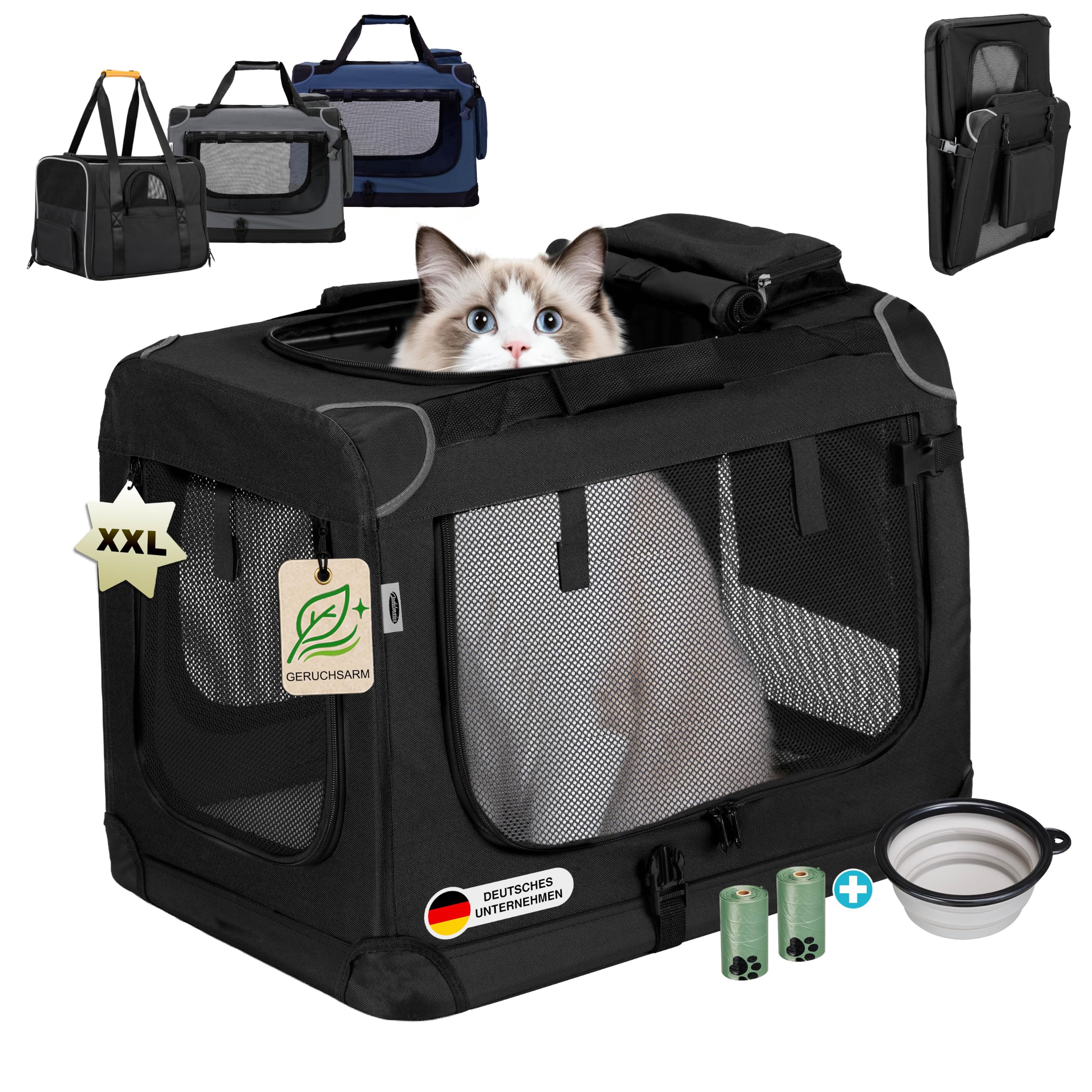 Zedelmaier Katzentransportbox extra groß, faltbar, bis 15kg, Schwarz