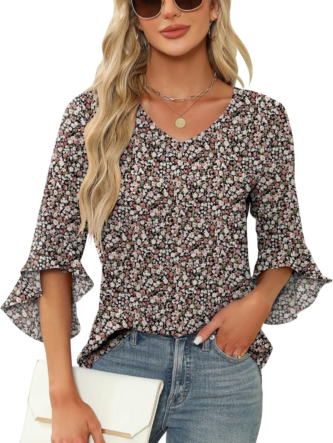 Qirno Chiffon Floral Tops for Women 3/4 Sleeve Dressy Casual Fashion V Neck Blouses for Business Black Floral S