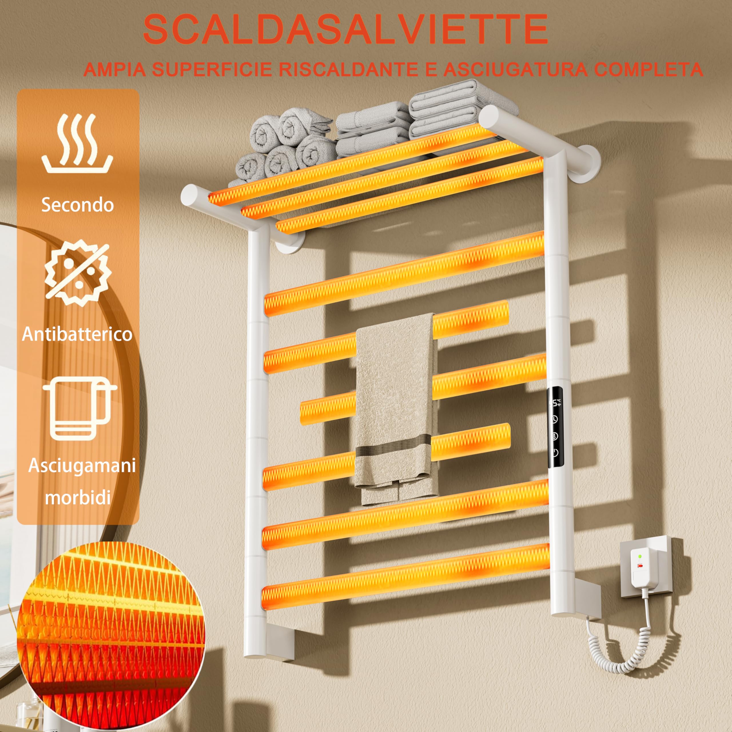 360W Scaldasalviette Elettrico Bagno con ripiano Superiore, Radiatore Scaldasalviette con 5 Barre (3 Barre Girevole 180°), Parete Termoarredo Elettrico, Controllo Tattile 35-70°C, IPX4, Bianco
